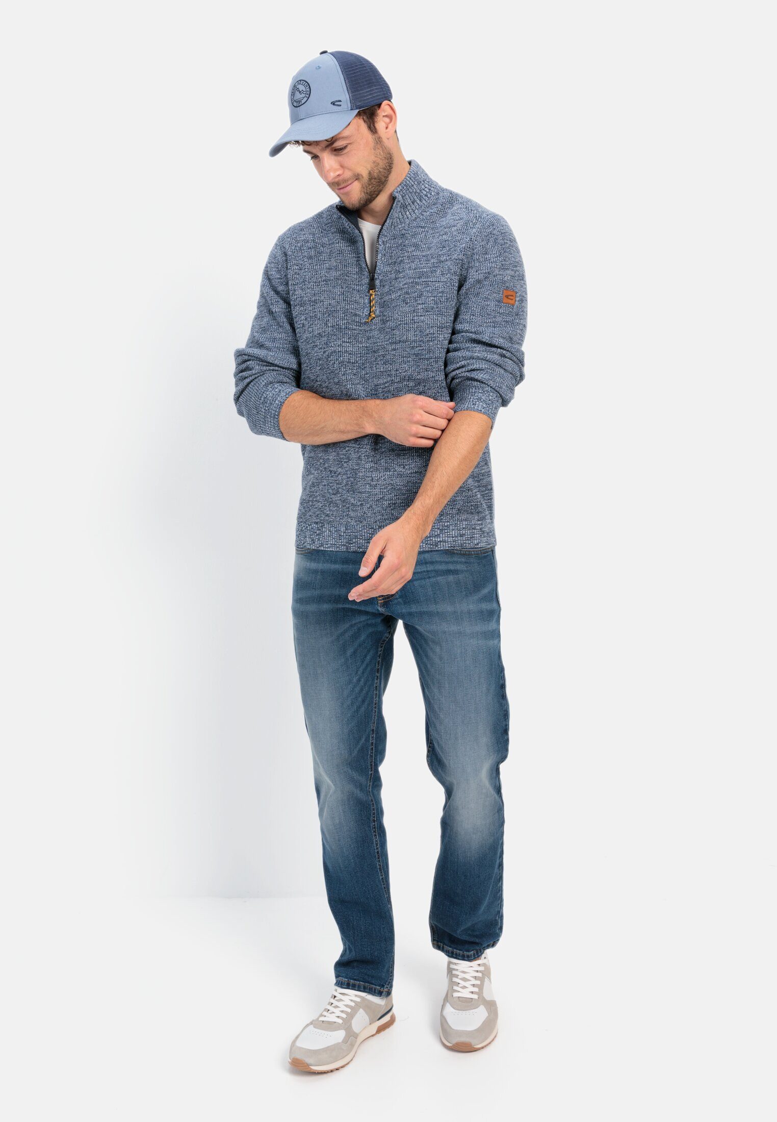 camel active Strickpullover aus Baumwollmix Langarm Troyer Markenlogo