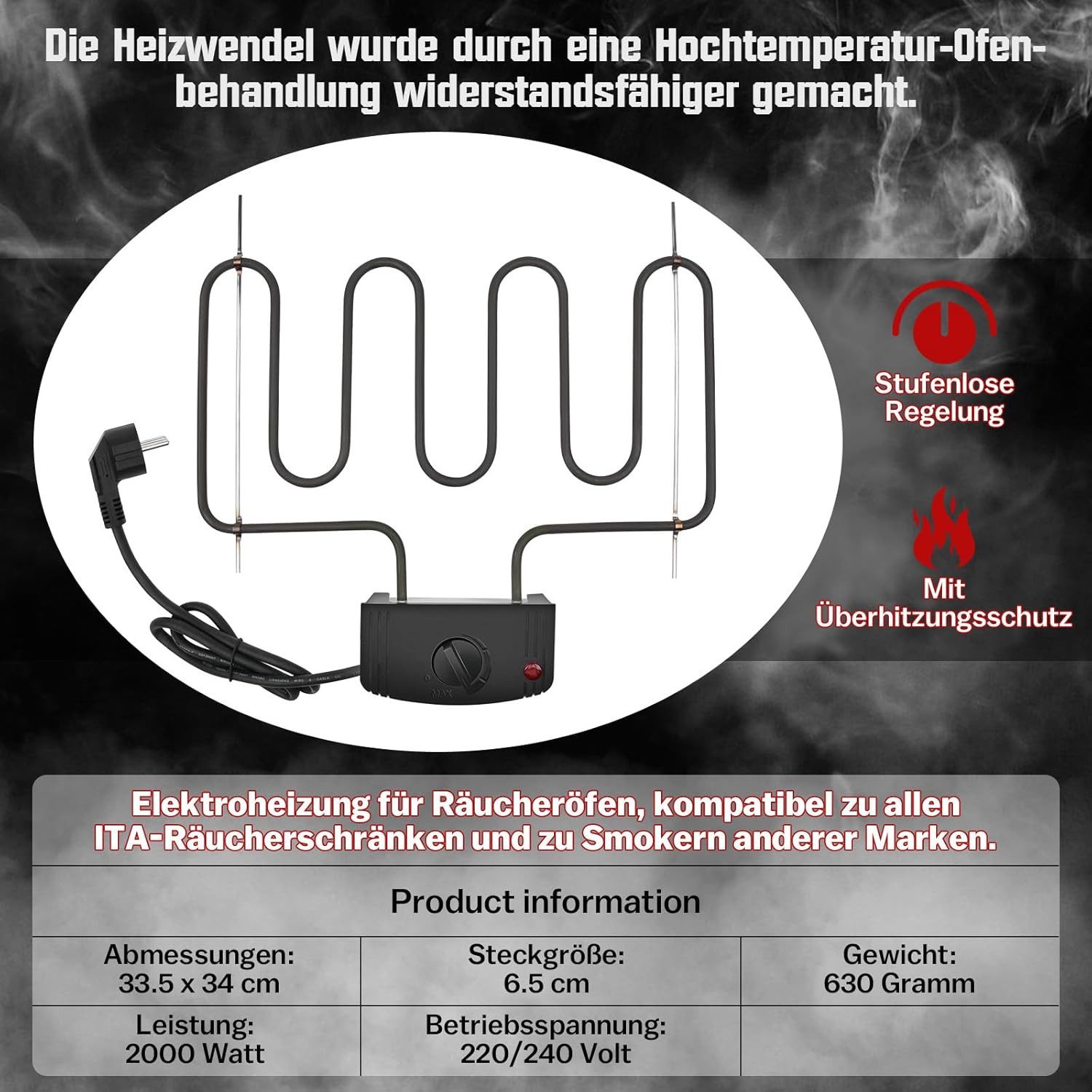 XERSEK Räucherofen 2000W Räucherschränke Heizschlange Elektrisch Heizspirale Smoker, zum Räuchern Universal Räucherzubehör, Elektroheizung BBQ Grill – Bild 4 von 5