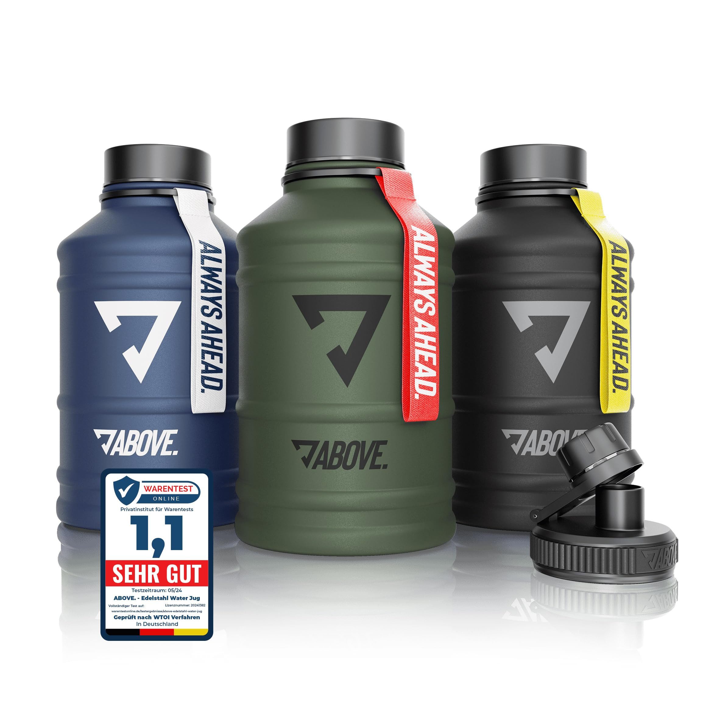 ABOVE. Trinkflasche Edelstahl Trinkflasche 2.2L – BPA-frei, Auslaufsicher & Robust – 2L, mit Extra Trinkverschluss für Sport, Fitness & Outdoor