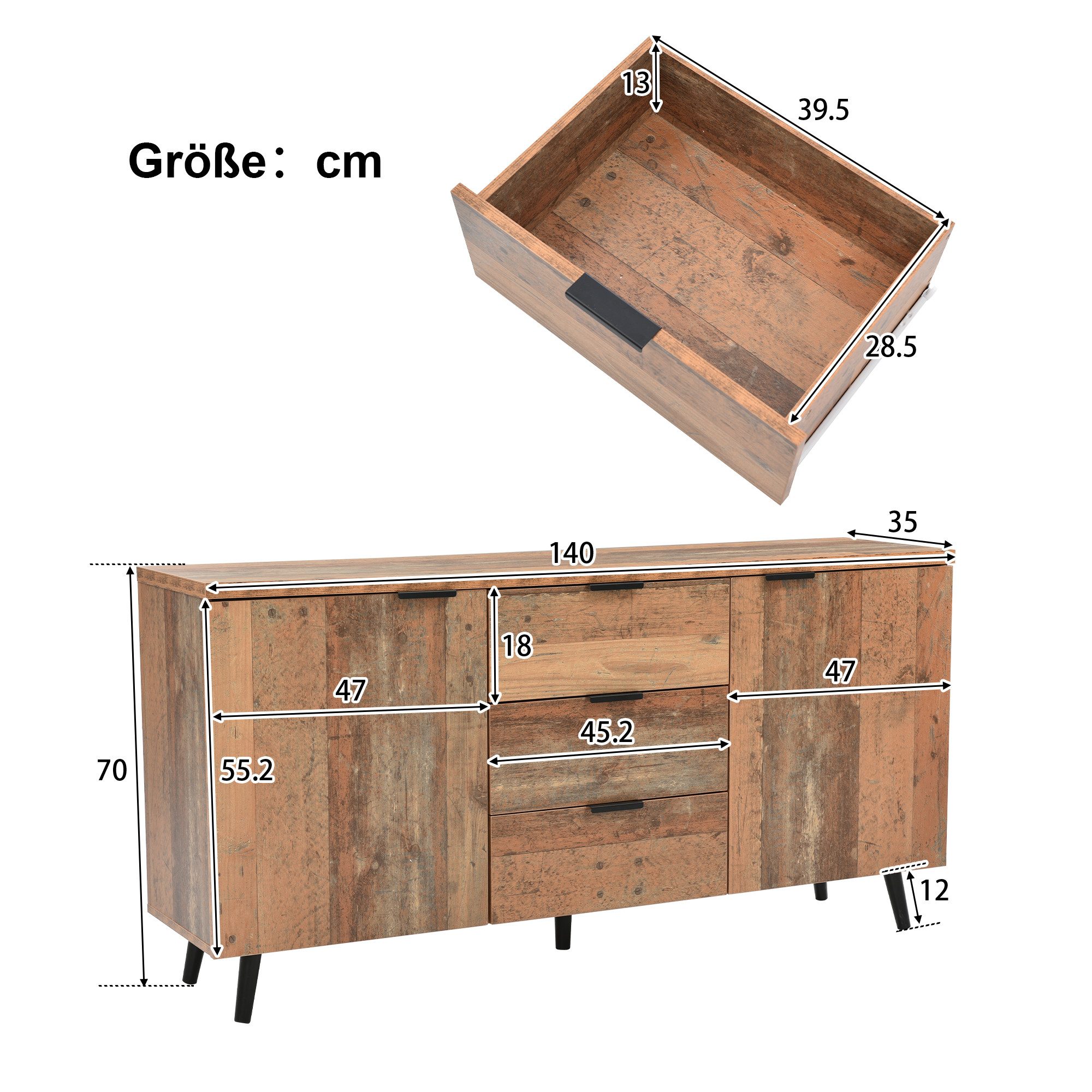 Fanttik Sideboard TV-Schrank mit verstellbaren Regalen, Aufbewahrungsschrank 140cm, vertikaler Schrank, drei Schubladen, Kommode für Wohnzimmer, Esszimmer