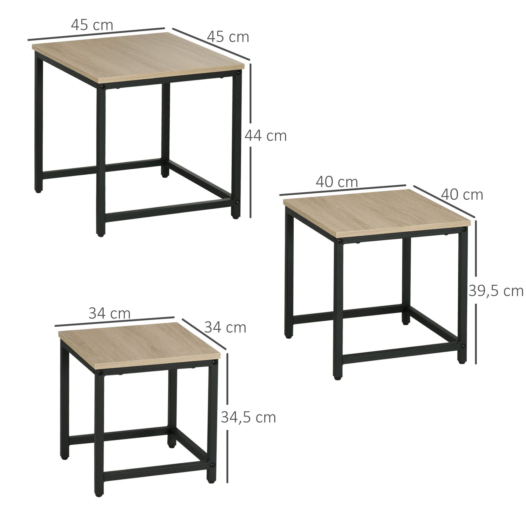 HOMCOM Couchtisch Quadratischer Satztisch im Industriedesign mit Holzoptik (Sofatisch, 3-St., Beistelltisch), Naturholz Spanplatte, Stahl