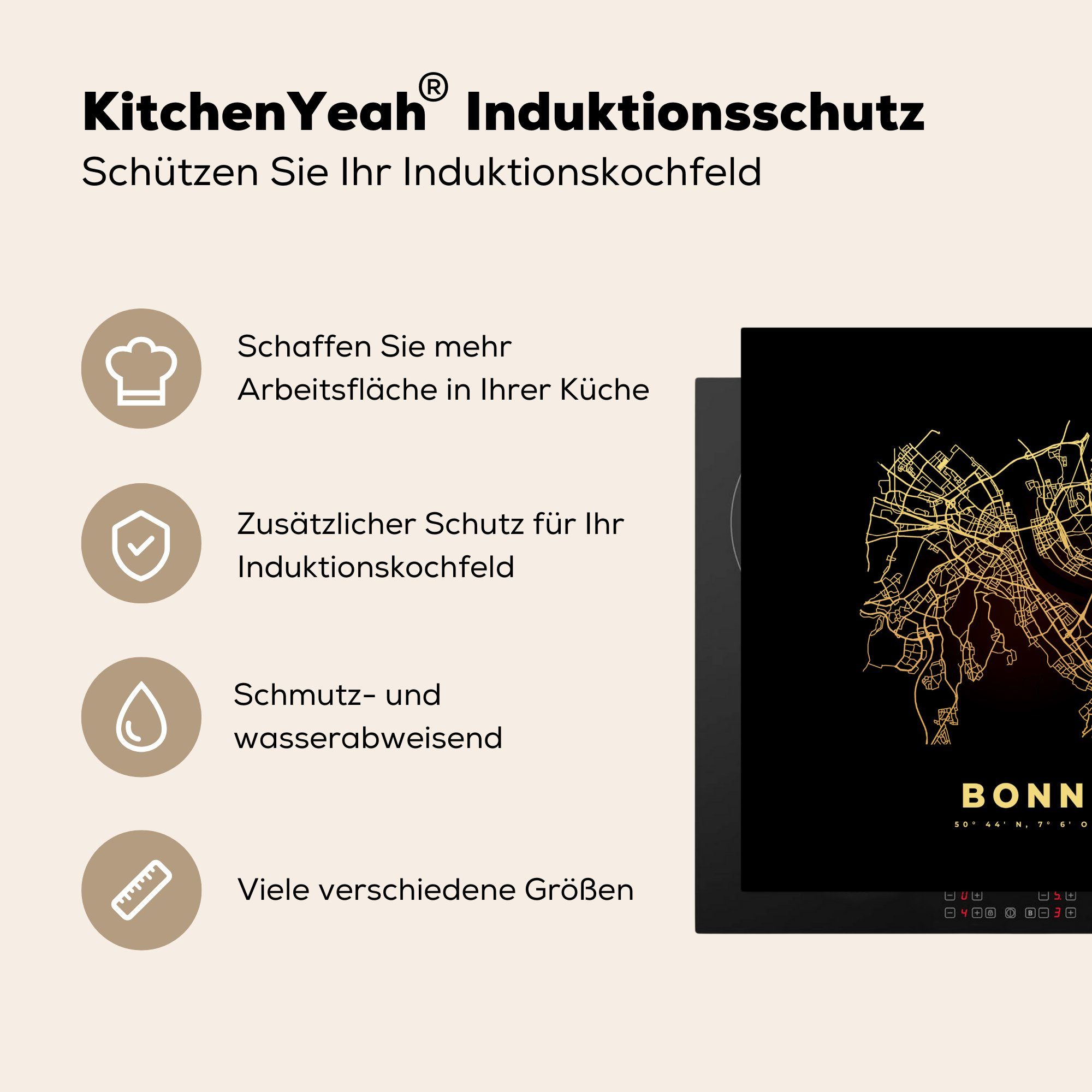 cm, - - für Gold küche (1 Bonn Ceranfeldabdeckung, Stadtplan, Vinyl, Herdblende-/Abdeckplatte 78x78 MuchoWow tlg), Karte Arbeitsplatte -