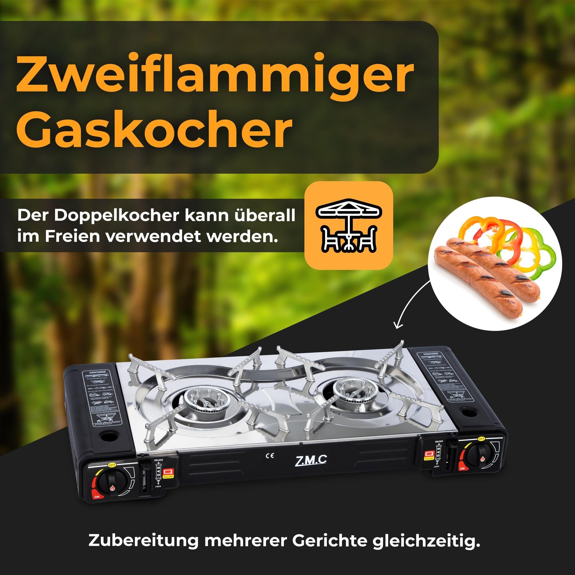 ZMC Gaskocher Doppel Butangas), (elektrisch) Piezo-Zündung Gas Kochfeld 4x Outdoor Butan 2 Campingkocher (MSF-1a 2Fach Kartuschenkocher Herd automatische Gaskartuschen Ofen + 227g, Kocher Gaskocher Flammig Gas Gasherd