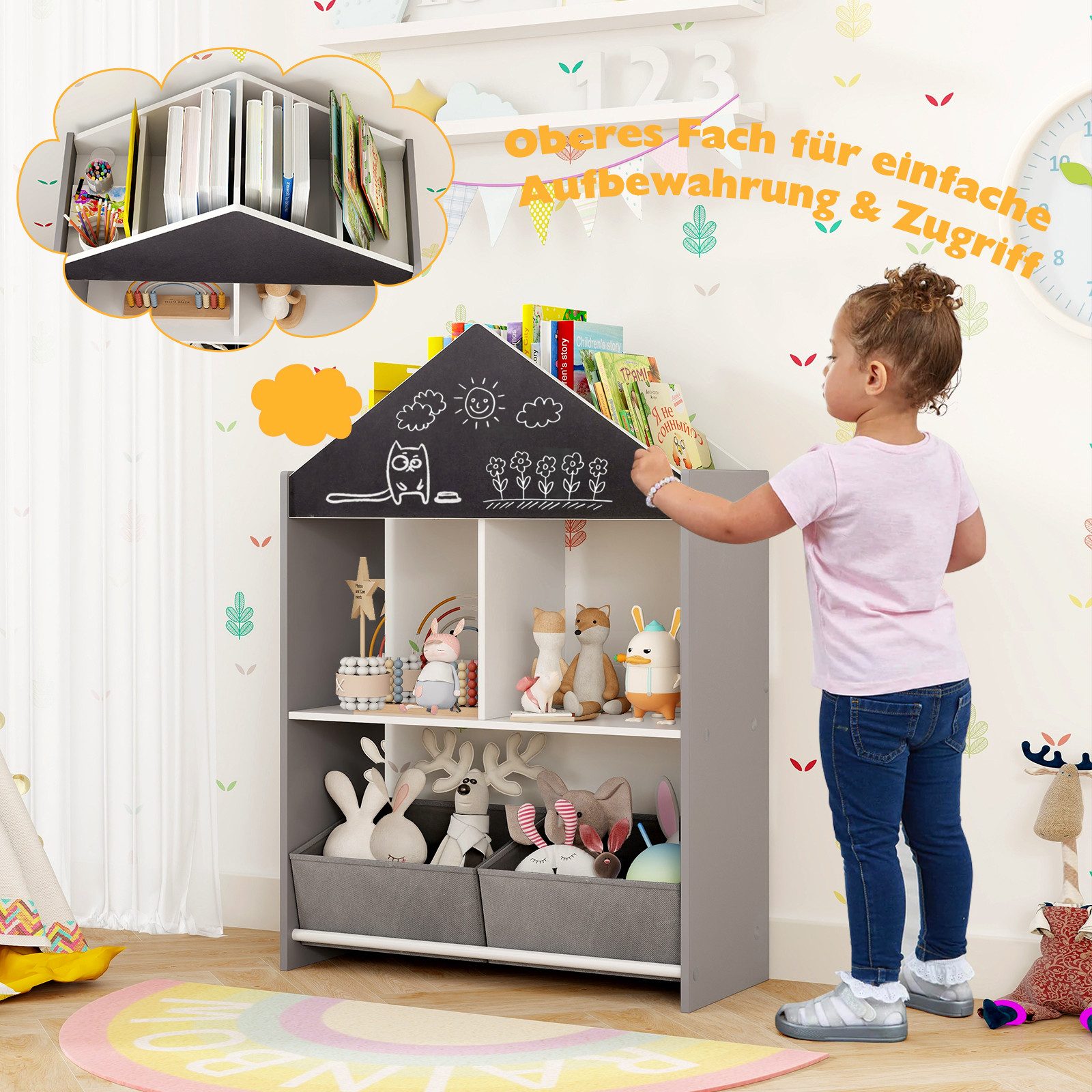 KOMFOTTEU Bücherregal, mit Tafel, 4 oberen Fächern, 2 offenen Fächern & 2 Stoffboxen
