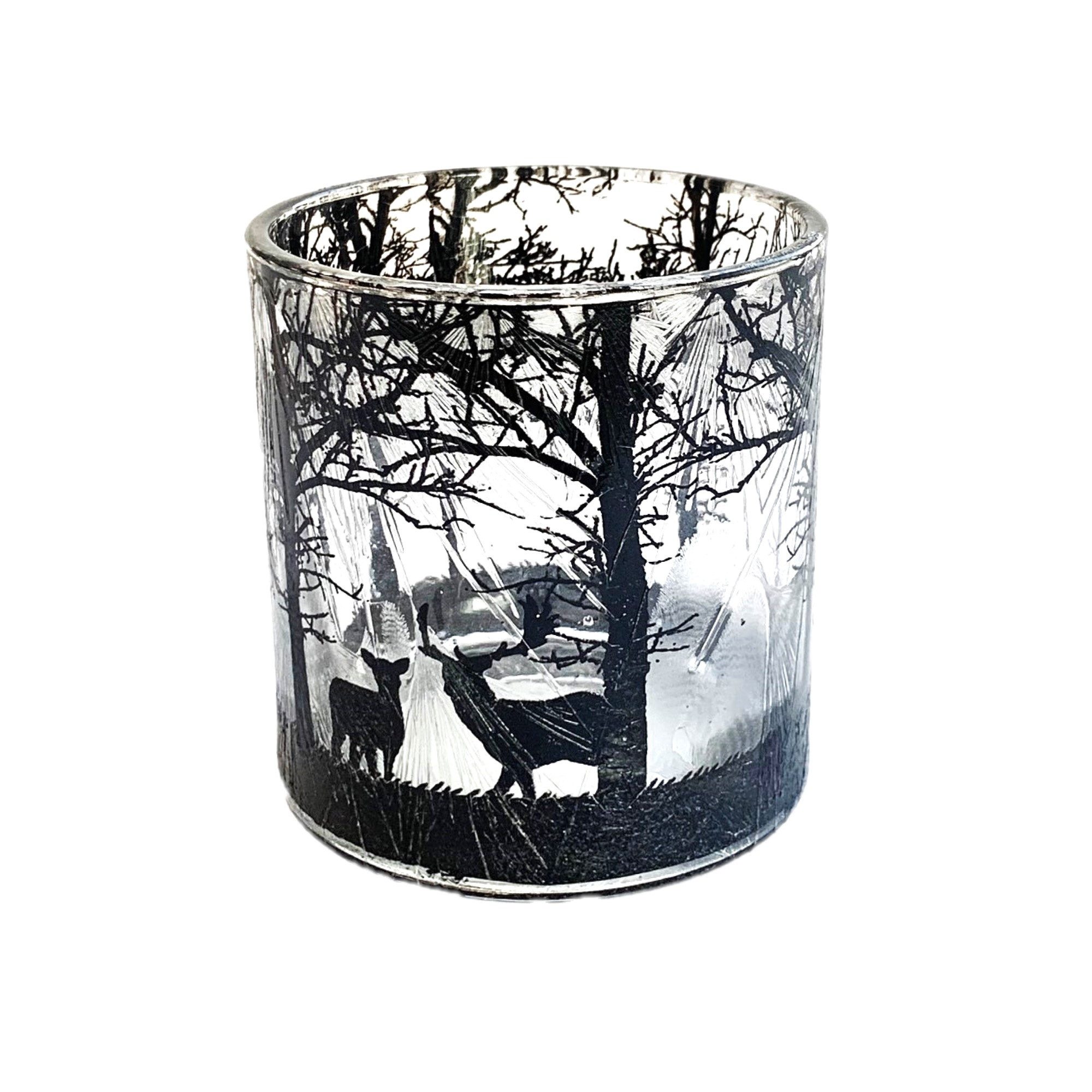 Dragimex Windlicht GLAS-TEELICHT "Waldszene" Silhouette, schwarz weiß, gefrostet 7 x 8 cm