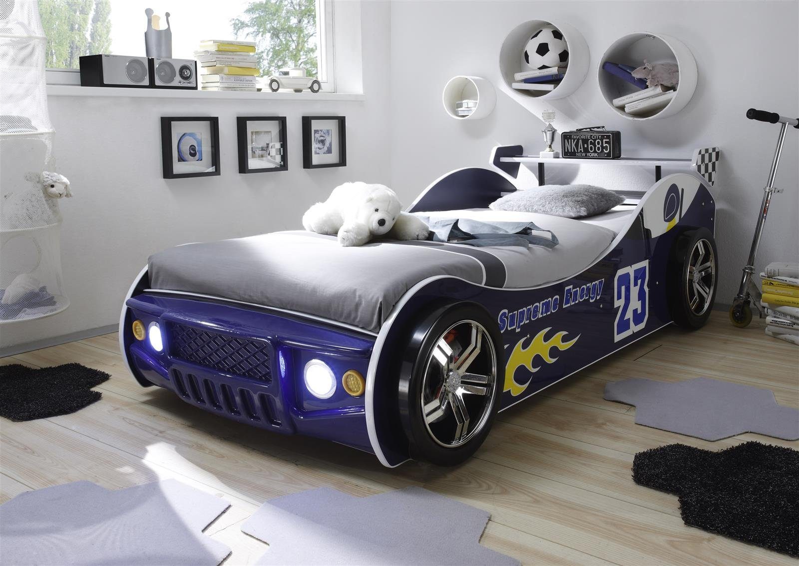 möbelando Autobett »Letta«, Autobett mit LED-Beleuchtung 90 x 200 cm -  Aufregendes Auto Kinderbett für kleine Rennfahrer in Blau - 105 x 60 x 225  cm (B/H/T)