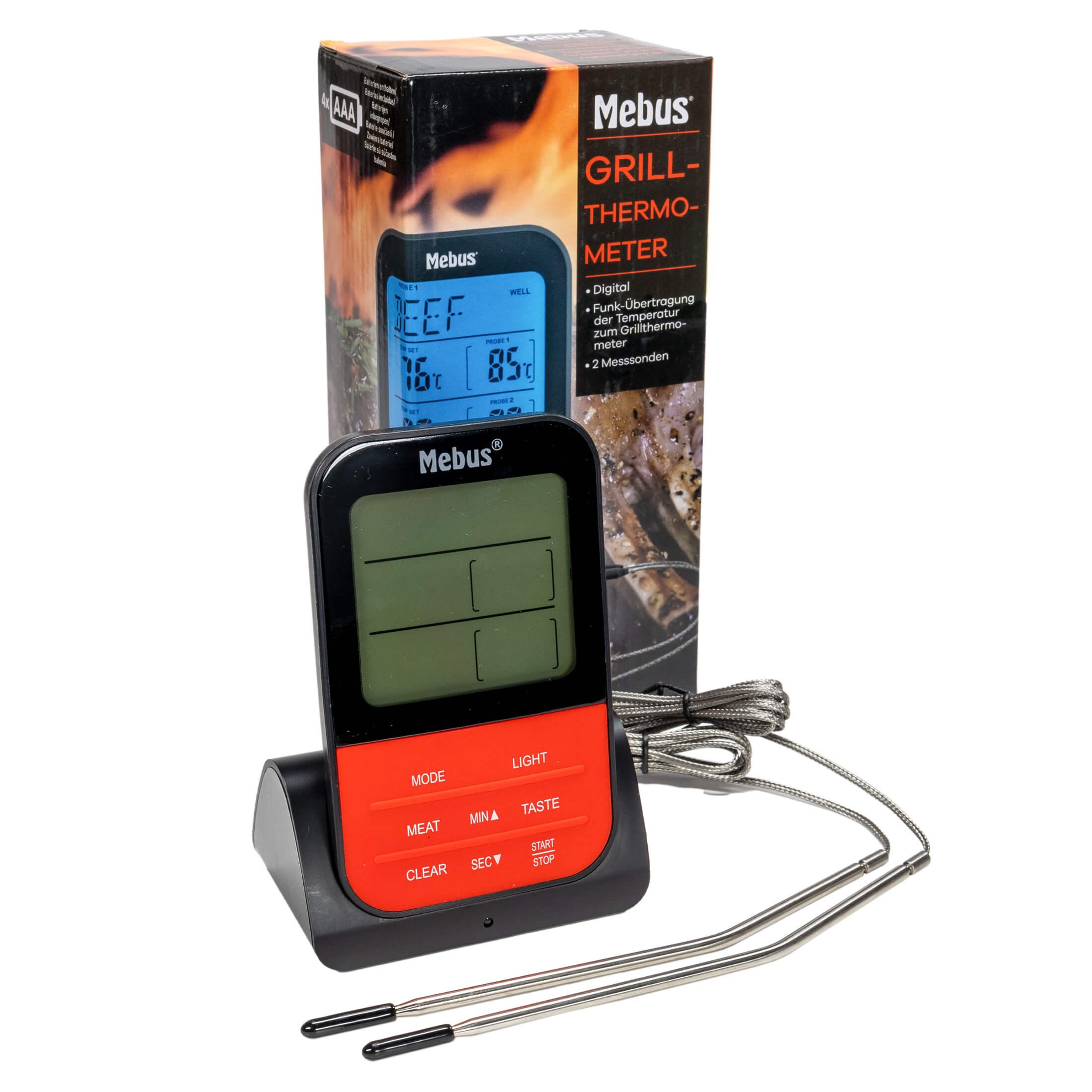 Mebus Grillthermometer Mebus Funk Grillthermometer digital für Fleisch Grill Braten, 2 Edelstahl Sonden, mit Sendestation. Funk-Übertragung