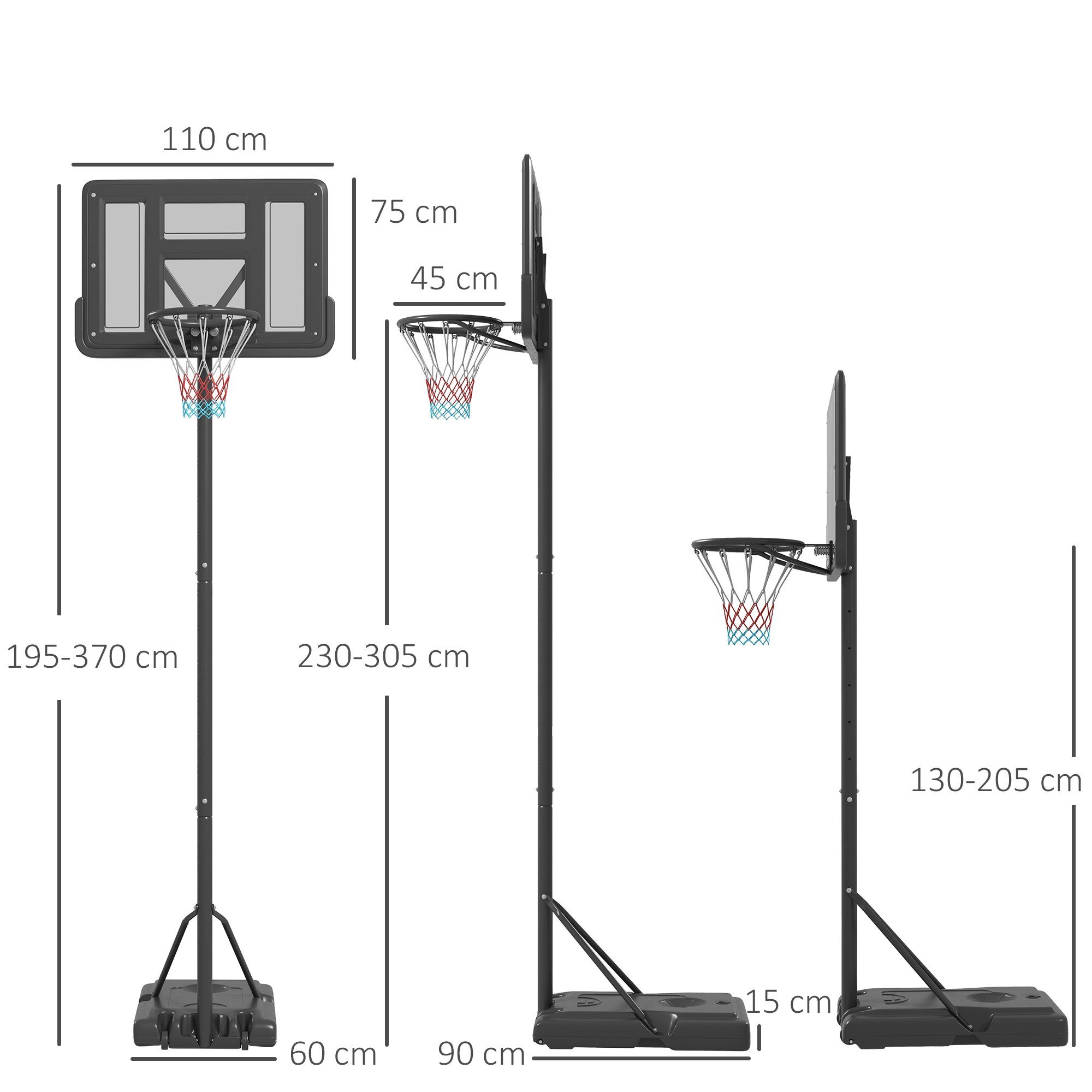 Ständer, (Set, 1-St., Basketball-Backboardständer), 195-370 cm mit Stahl einstellbare Basketballständer SPORTNOW Basketballkorb Höhe Höhenverstellbarer