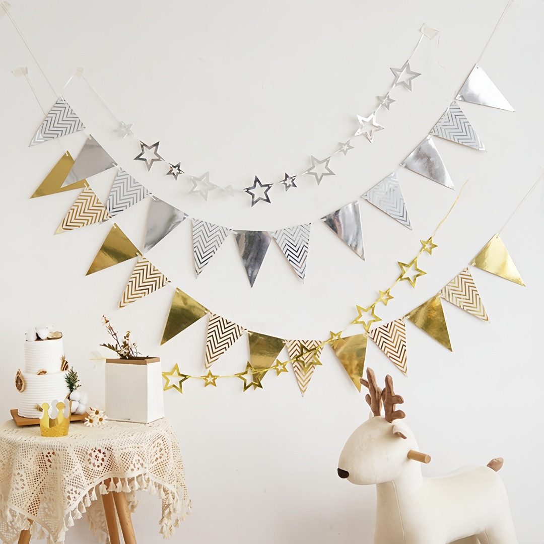 FOUORTUNATE-BEE Wimpelkette Wimpelgirlande Set Gold Silber mit Sterngirlande für Party Deko, Partygirlande für Geburtstag Hochzeit Innen Außen Fotohintergrund