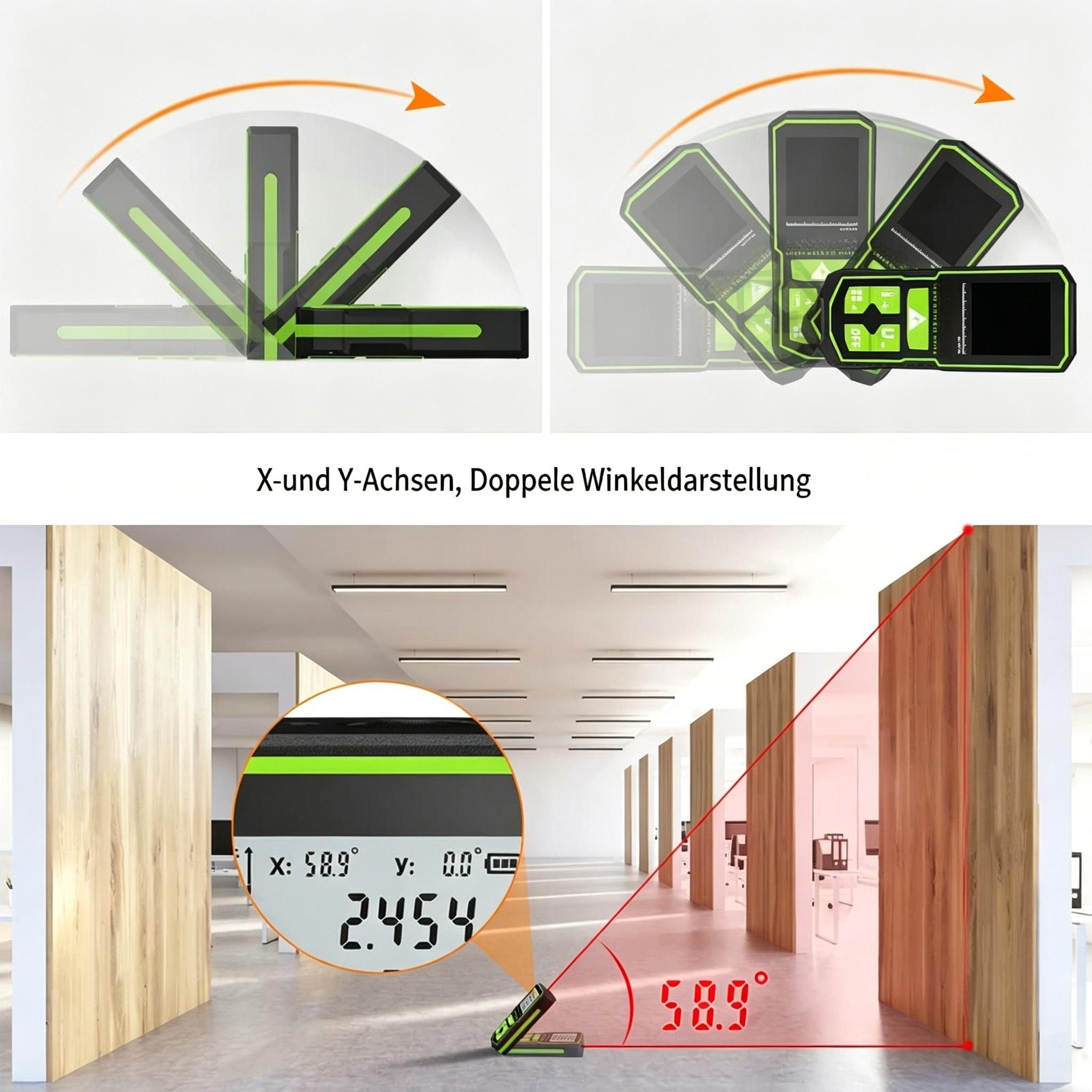 AIBISTAR Entfernungsmesser Digitaler Laser-Entfernungsmesser 60m Lasermessgerät,USB, Pythagoras, 7 Messmodi,Doppelte Winkelmessung,LCD-Display
