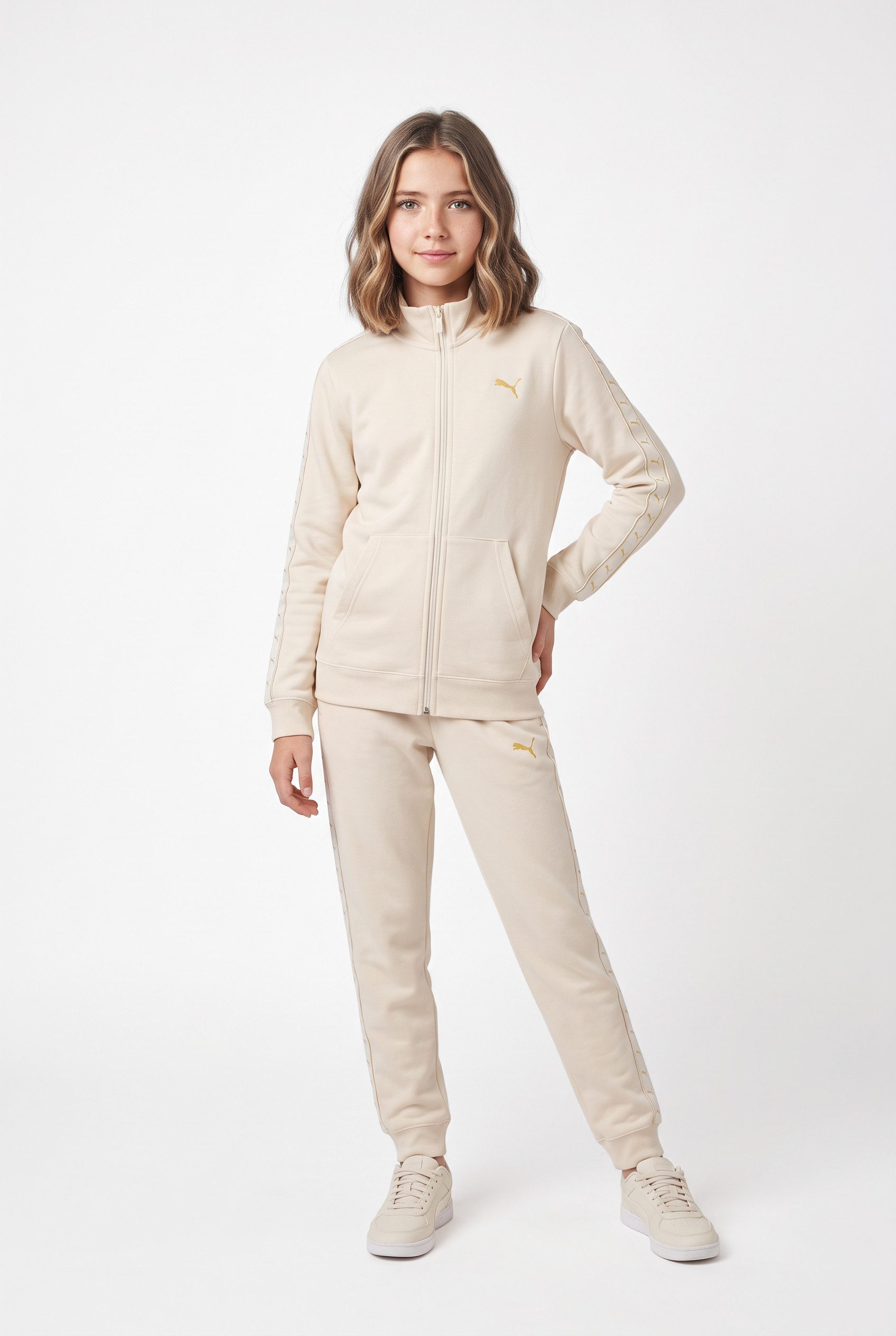 PUMA Trainingsanzug ESS TAPE FULL-ZIP SWEAT SUIT FL G (2-tlg), 2-teiliges Set, mit Reißverschluss am Oberteil, Langarm-Oberteil