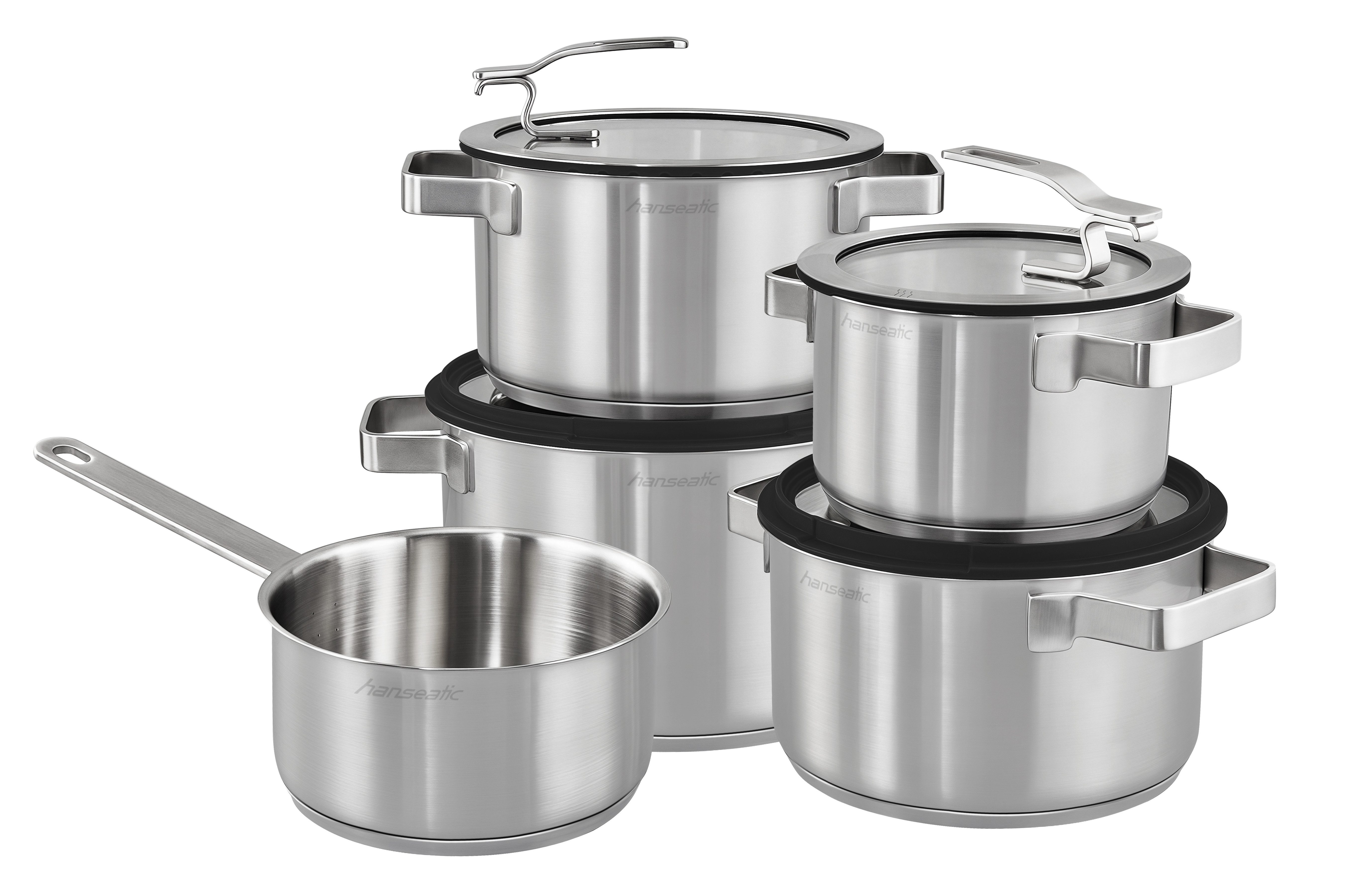Hanseatic Topf-Set STYLE, Edelstahl 18/10 (Set, 9-tlg., Fleischtopf 1x 16 cm / 2x 20 cm / 1x 24 cm, Stielkasserolle 16 cm), Deckel mit praktischer Aufhänge-Funktion, Induktion