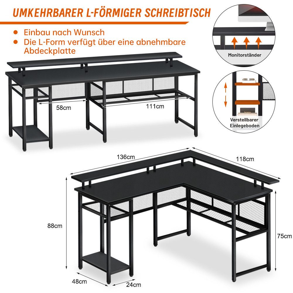 Mihtrov Schreibtisch Gaming Tisch Eckschreibtisch L Form 136 x 118 x 75cm ( günstig online kaufen