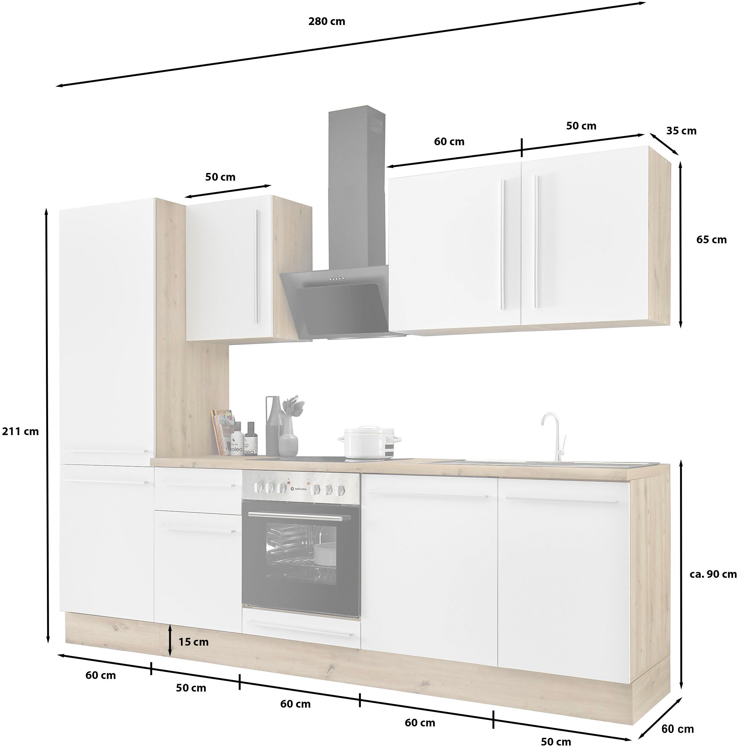 KOCHSTATION Küchenzeile KS-Florida mit 38mm starker Arbeitsplatte, Breite 280 cm, wahlweise mit E-Geräten, Soft-Close-Funktion