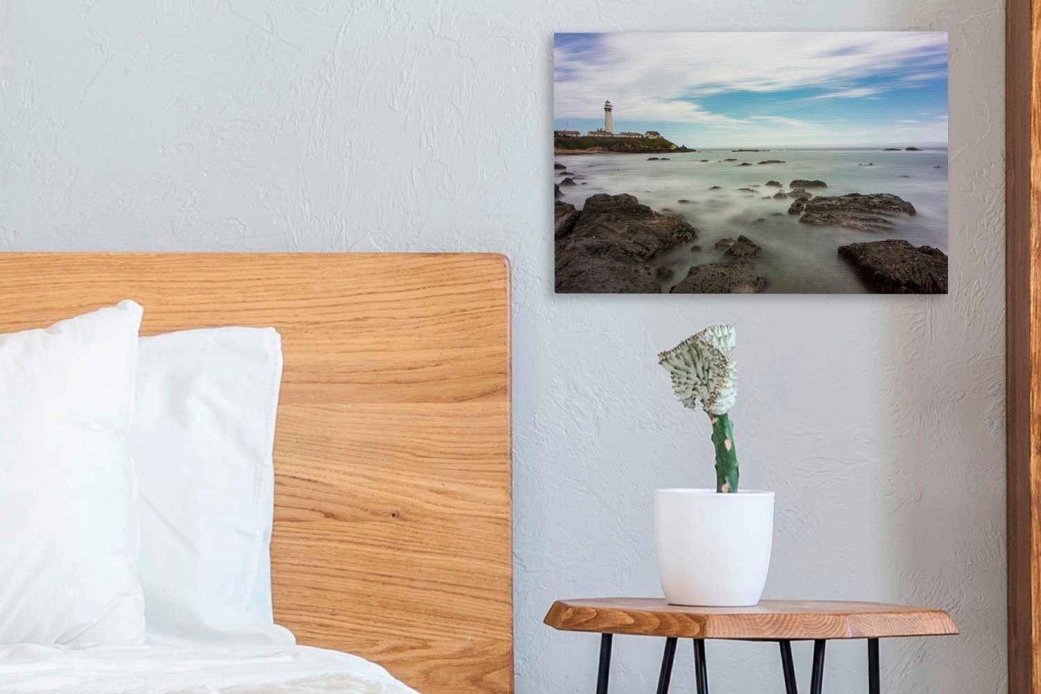 Wanddeko, den OneMillionCanvasses® 30x20 St), Leinwandbilder, Wellen Santa Leinwandbild schlagen an Strand Aufhängefertig, Cruz, von (1 cm Kalifornien, felsigen Wandbild