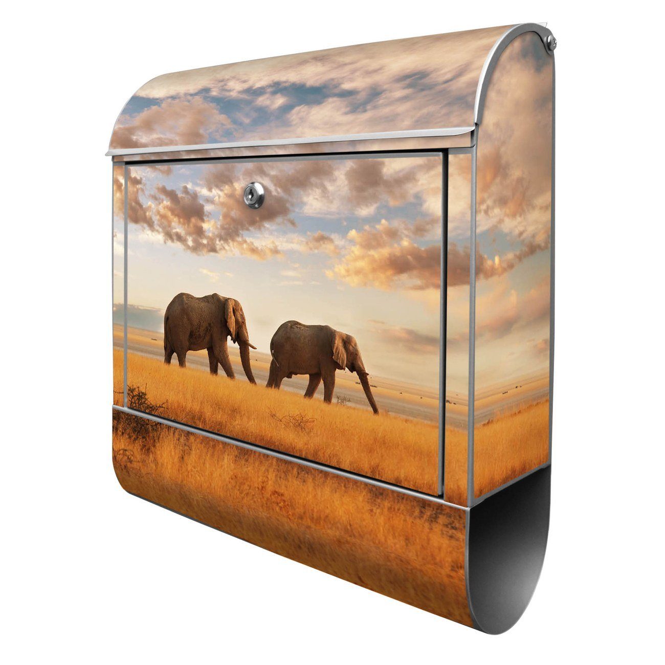 banjado Wandbriefkasten Stahl Elefanten (Wandbriefkasten witterungsbeständig, pulverbeschichtet, mit Zeitungsfach), 39 x 47 x 14cm silberfarben