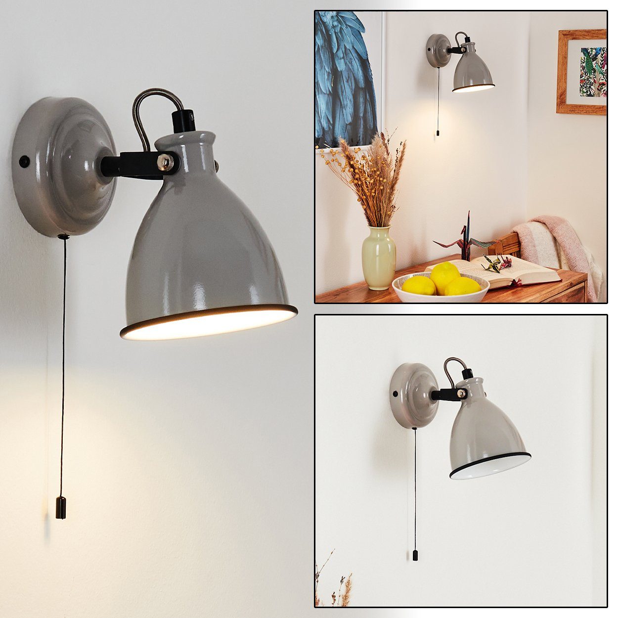 hofstein Wandleuchte »Spadacenta« Wandlampe, Metall, Grau glänzend/Weiß/Schwarz, ohne Leuchtmittel, Retro/Vintage-Design, Zugschnur, 1xE14, verstellbarer Strahler