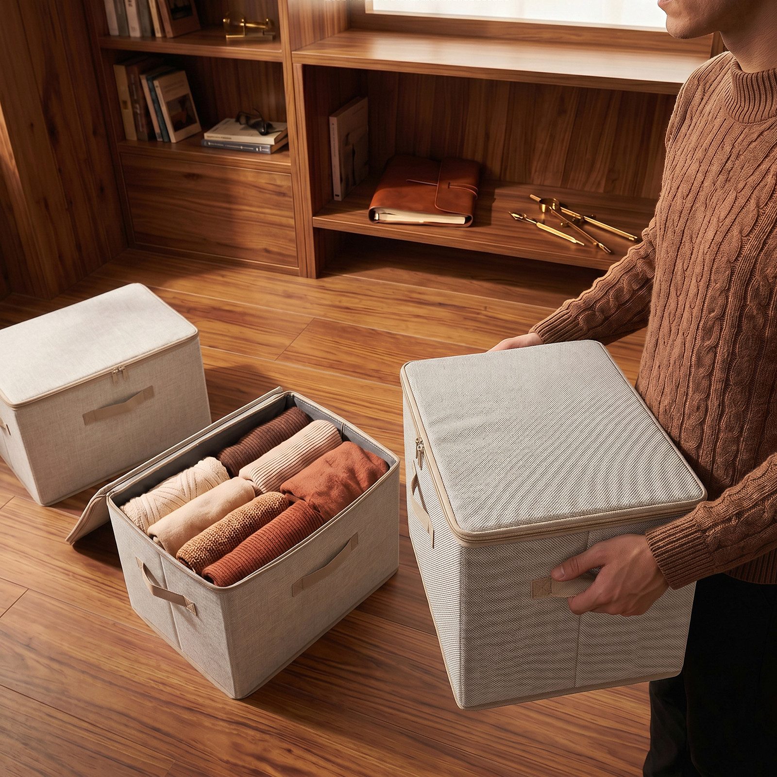 Sekey Aufbewahrungsbox Aufbewahrungsboxen mit Deckel 45L Stapelbar Faltbare Ordnungsboxen (3 St), 3er Set, Organizer Kleidung Vliesstoff Boxen für Schrank Regal