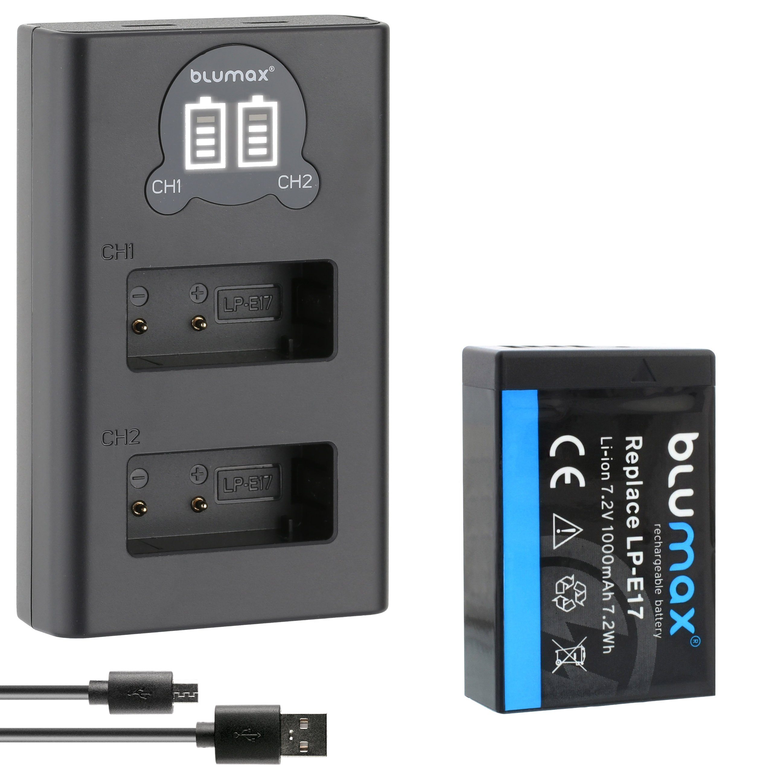 Blumax Akku + Lader für Canon LP-E17 R8 R10 R50 1000 mAh Verkehrsalarm