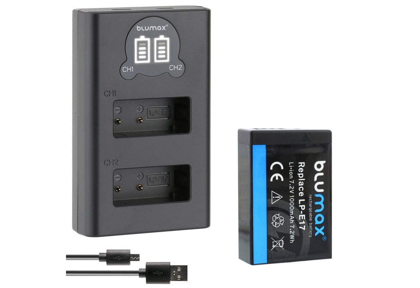 Blumax Akku + Lader für Canon LP-E17 R8 R10 R50 1000 mAh Verkehrsalarm