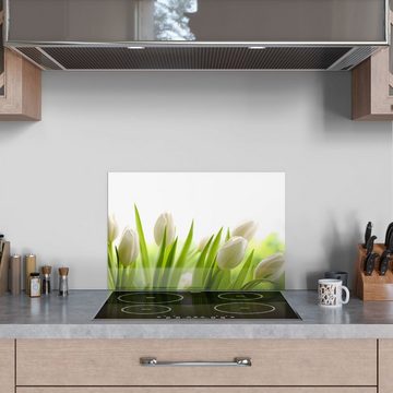 DEQORI Küchenrückwand 'Schneeweiße Tulpen', Glas Spritzschutz Badrückwand Herdblende