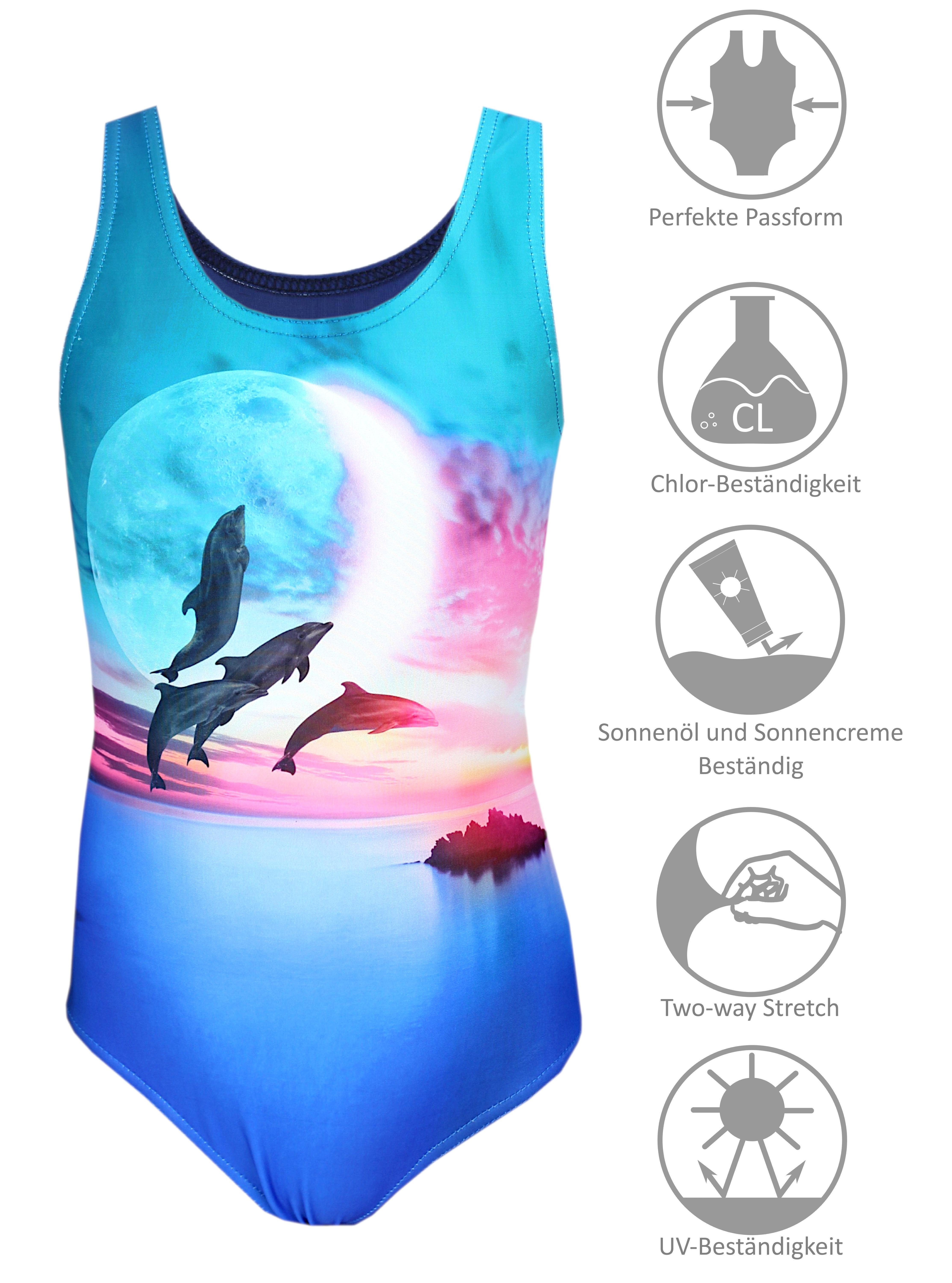 Badeanzug Blau Ringerrücken Print Badeanzug Mond / Aquarti Aquarti Rosa Delfine Mädchen mit