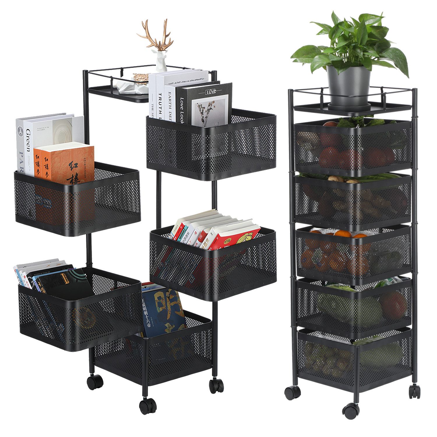 oyajia Küchenregal 6-Stöckiges Küchenregal mit Rollen, Drehbaren Körben, Stahl Obstregal, Metall Aufbewahrungsregal, Standregal, Gemüseregal, 5 Körbe 2-tlg., Flexibler, Langlebiger Rollwagen Ideal für Küche,Bad,Büro, 27x27x94 cm