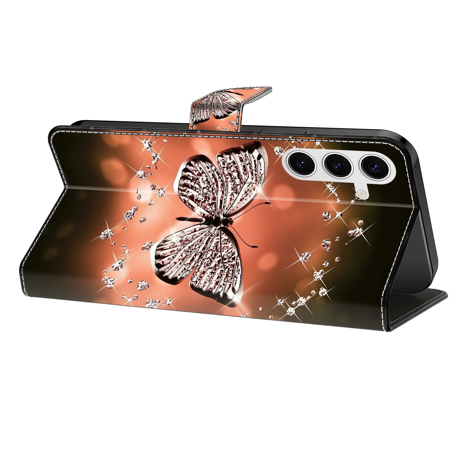 CLM-Tech Handytasche für Samsung Galaxy A16 / A17 5G Hülle aus Kunstleder Klapphülle (Schmetterling Diamanten Muster, Handyhülle mit Standfunktion - Wallet Flip Case inklusive Kartenfächer), Cover mit Magnetverschluss