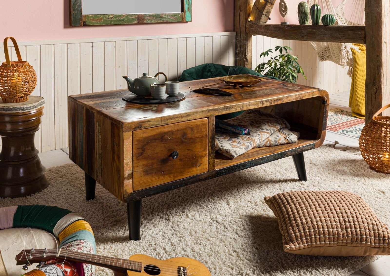 Massivmoebel24 Couchtisch Couchtisch Altholz 120x60x53 mehrfarbig lackiert SIXTIES #106