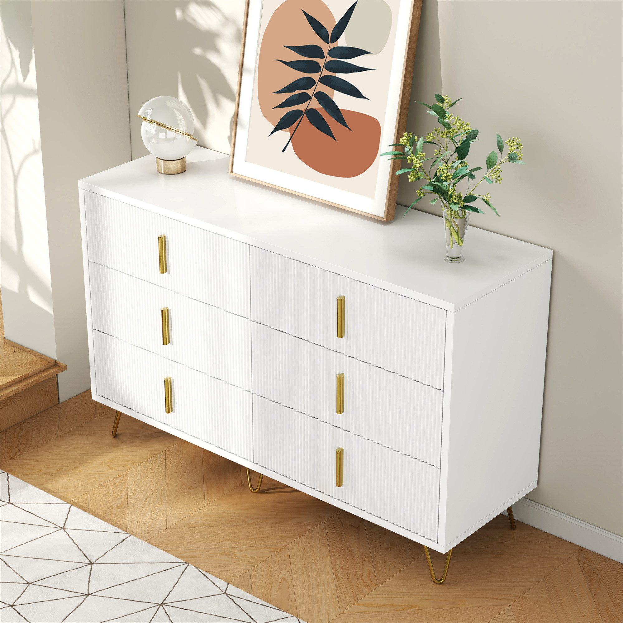 Sideboard Esszimmerschrank mit 6 Schubladen, goldene Griffe und Beine, modern