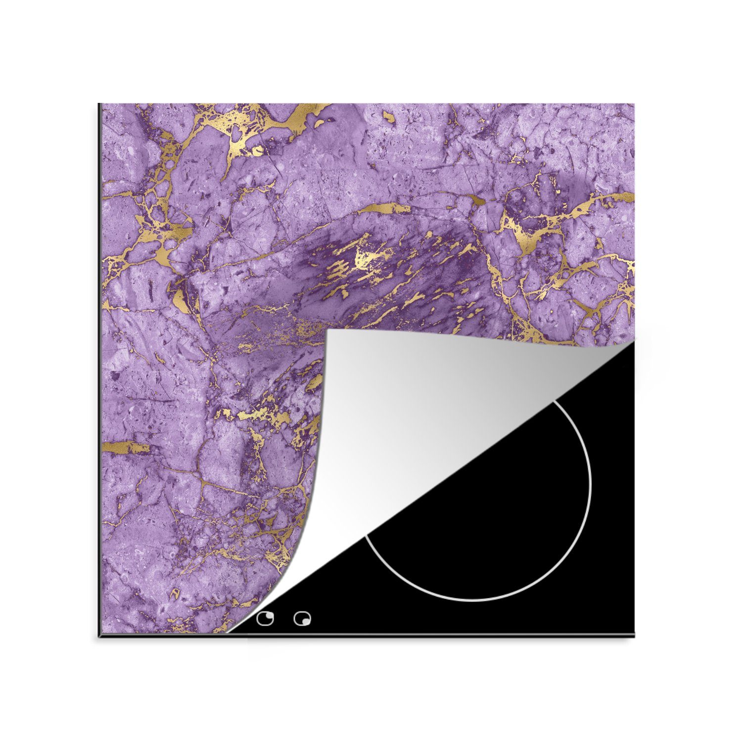 MuchoWow Herdblende-/Abdeckplatte Marmor - Muster - Lila - Gold, Vinyl, (1 tlg), 78x78 cm, Ceranfeldabdeckung, Arbeitsplatte für küche | Herdabdeckplatten