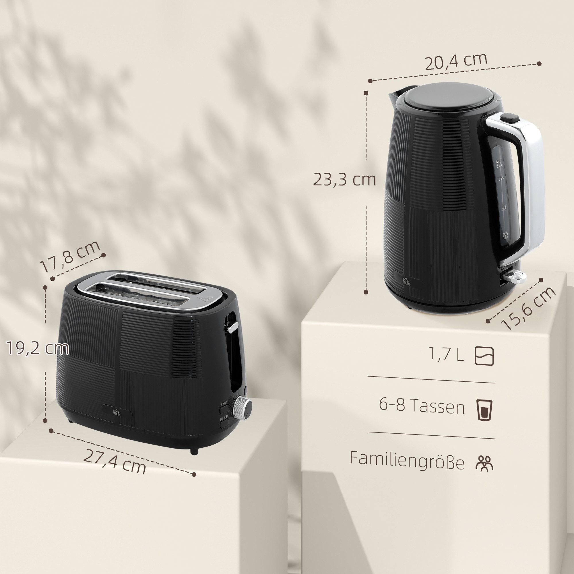 HOMCOM Toaster 1.7 L, verschiedene Funktionen, für Frühstückszubereitung, 2200 W, Automatische Zentrierung, Krümelfach, Schwarz