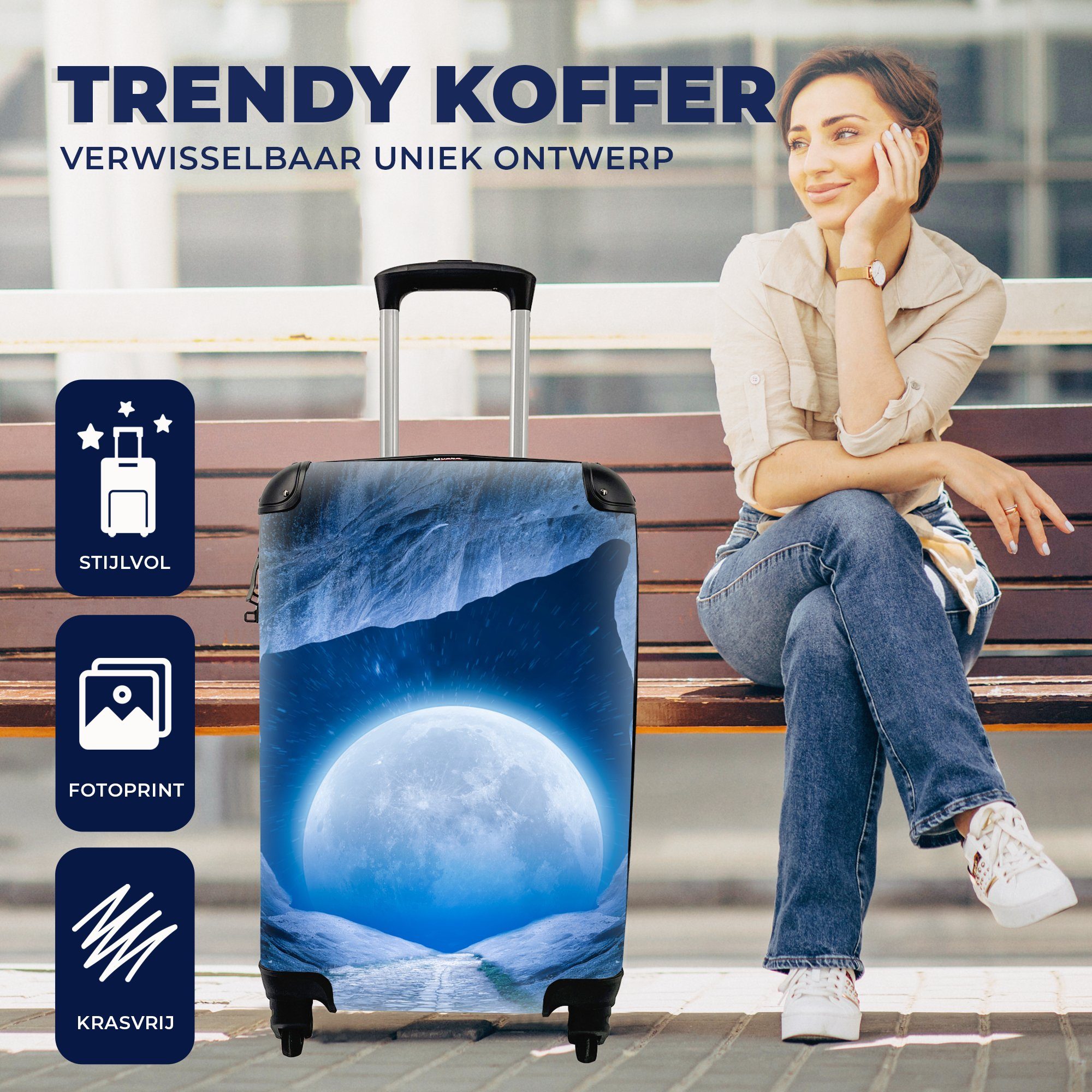 Reisekoffer Handgepäckkoffer Reisetasche Ferien, Mond MuchoWow Weltraum mit - - für 4 - Universum Rollen, - Trolley, Handgepäck Blau, Höhle rollen,