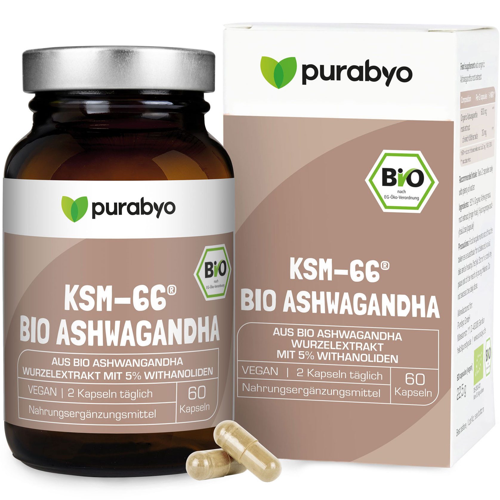Purabyo BIO Ashwagandha KSM-66, 300 mg Extrakt pro Kapsel, im Glas Kapseln, 60 St., 22.5 g