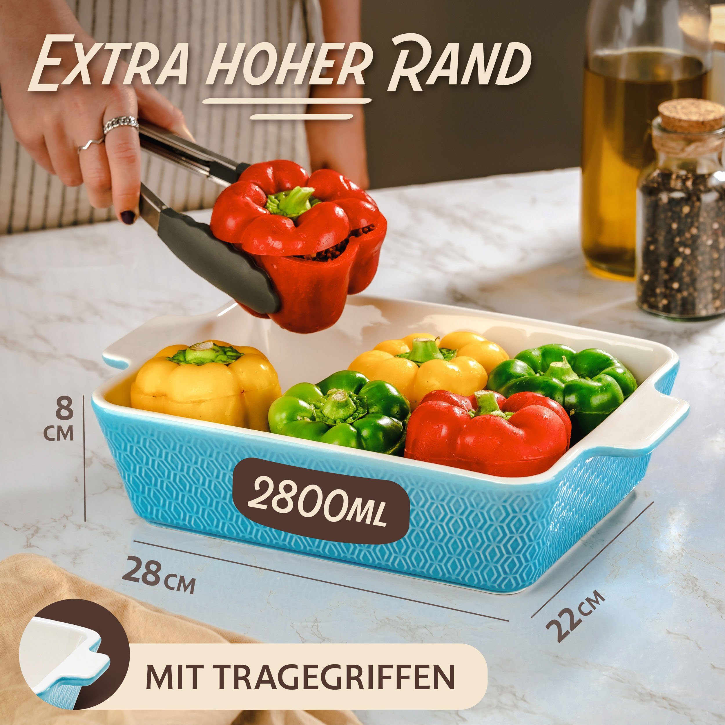 Praknu Auflaufform Auflaufform Blau 28cm Keramik – Backofen 280°C & Mikrowelle, Porzellan - Keramik, (1-St), Für 4 Personen Lasagne, Tiramisu & Auflauf - Hoher  – Bild 4 von 5