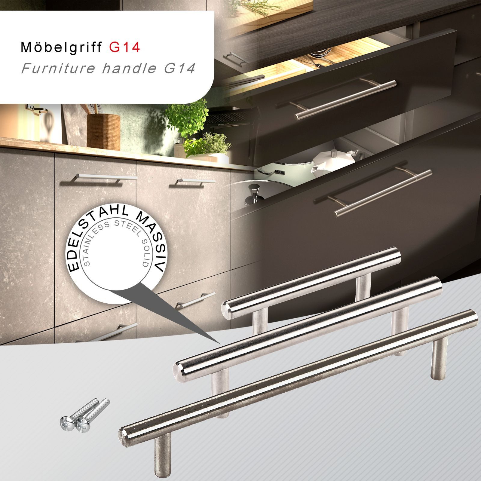 SO-TECH® Möbelgriff Stangengriff G14 echt Edelstahl massiv Ø 10 mm inkl. Schraub, Bohrlochabstand (BA) 96 mm gebürstet Schrankgriff – Bild 2 von 5