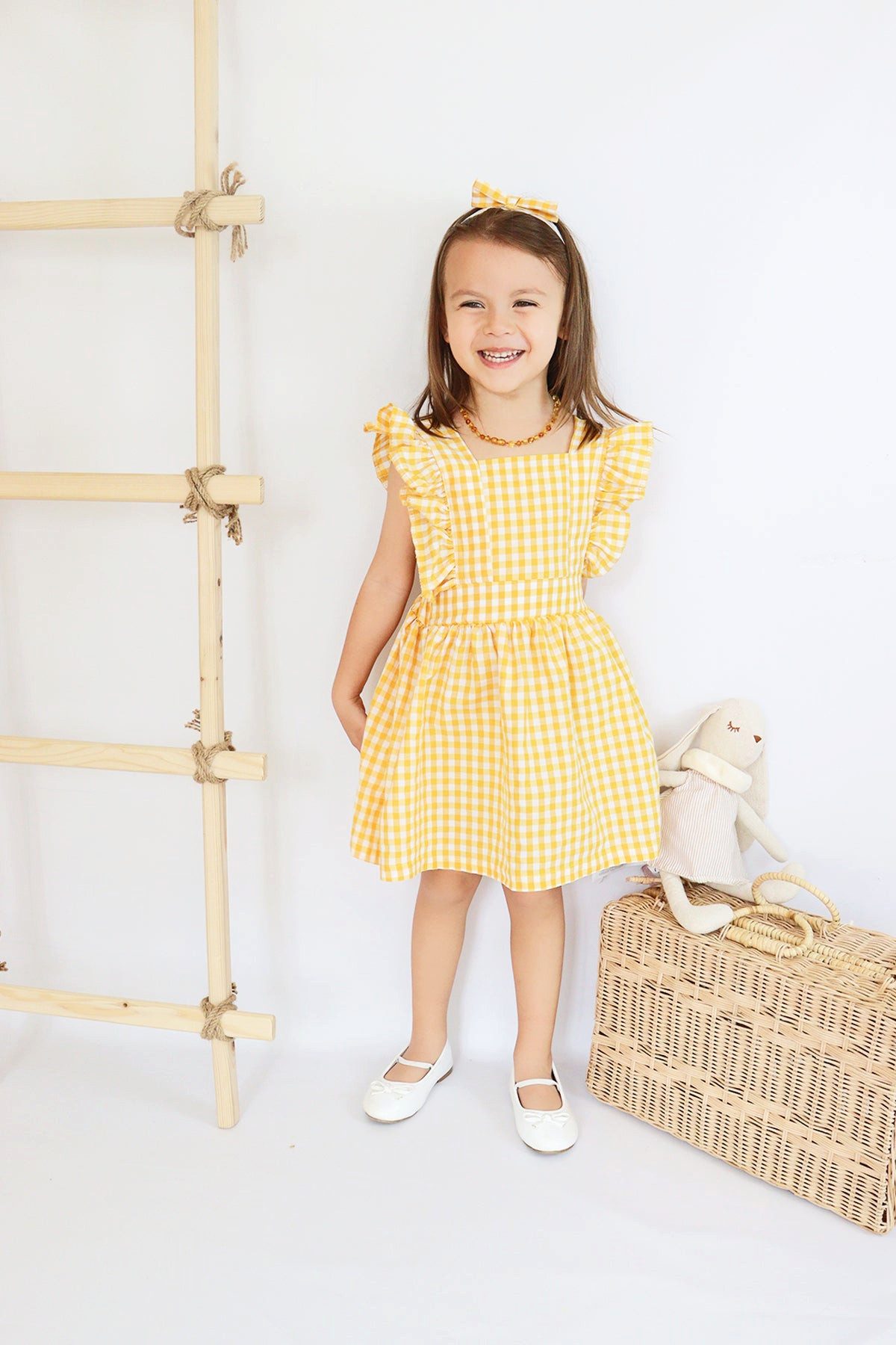 Parla Kids Kleid & Haarband Kleid Violetta - Plaid Muster in gelb weiß, Rüschensaum und Haarband
