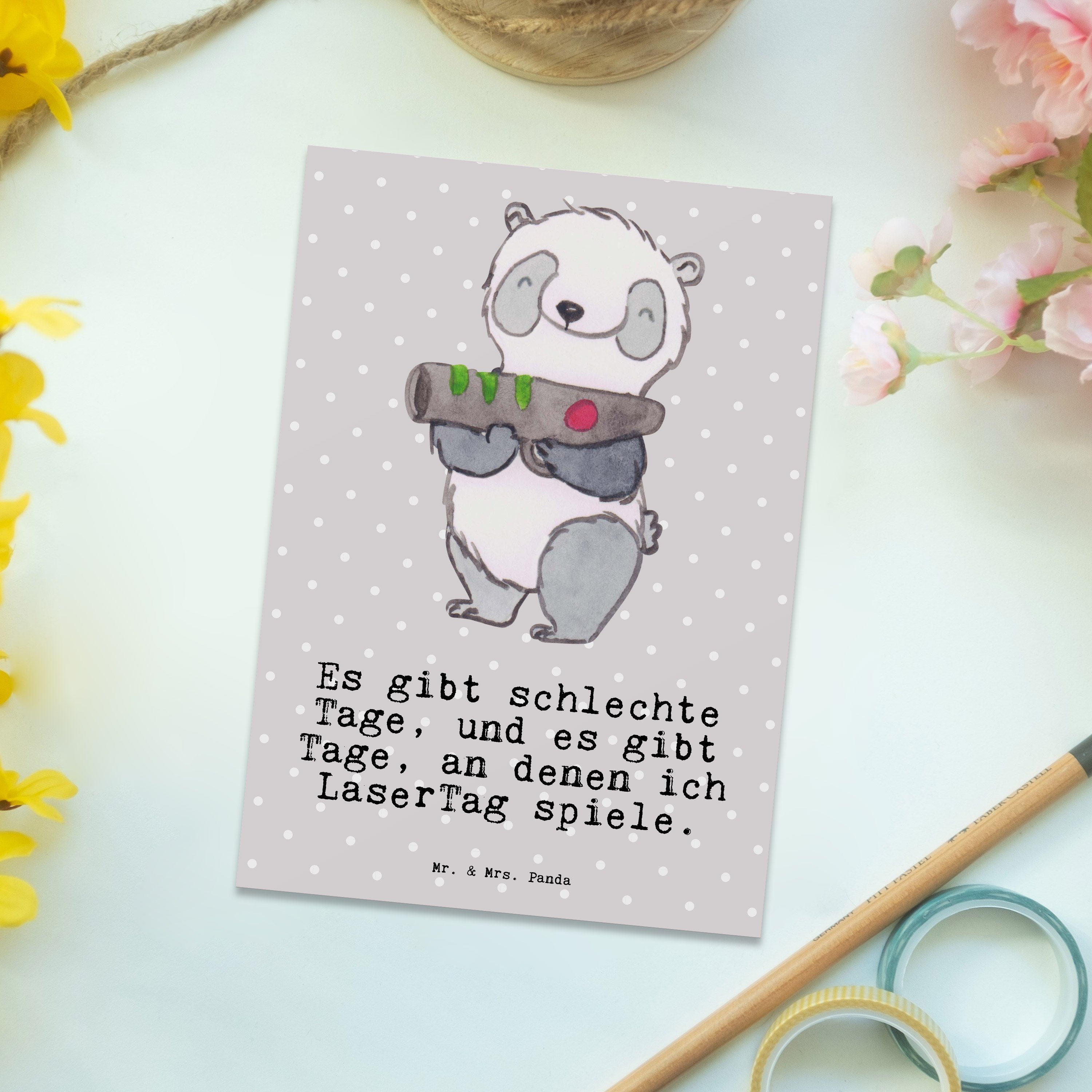 Mr. & Mrs. Panda Postkarte Grußkarte, - Panda Tage Grau Pastell Geschenk, LaserTag Schenken, - E