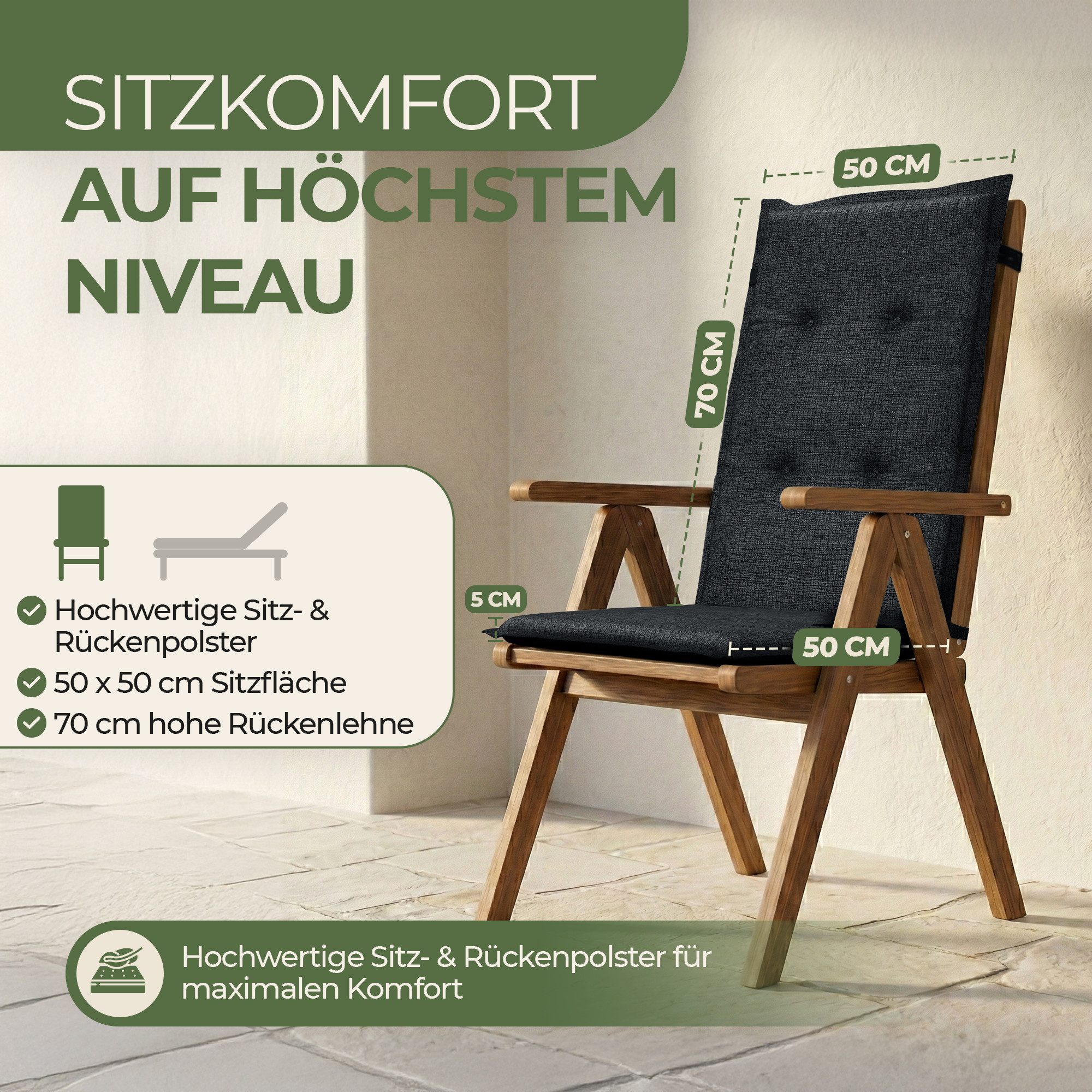 Petsation Hochlehnerauflage Florence Hochlehner Auflage Gartenstuhlauflage mit Schaumstoffpolster, (4 St)