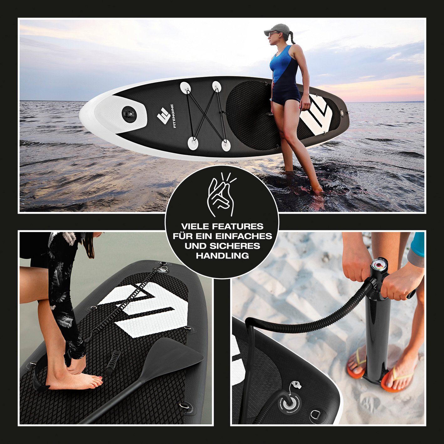 FitEngine Inflatable SUP-Board Stand Up extra aufblasbar 365cm 160kg Paddle, Groß stabil