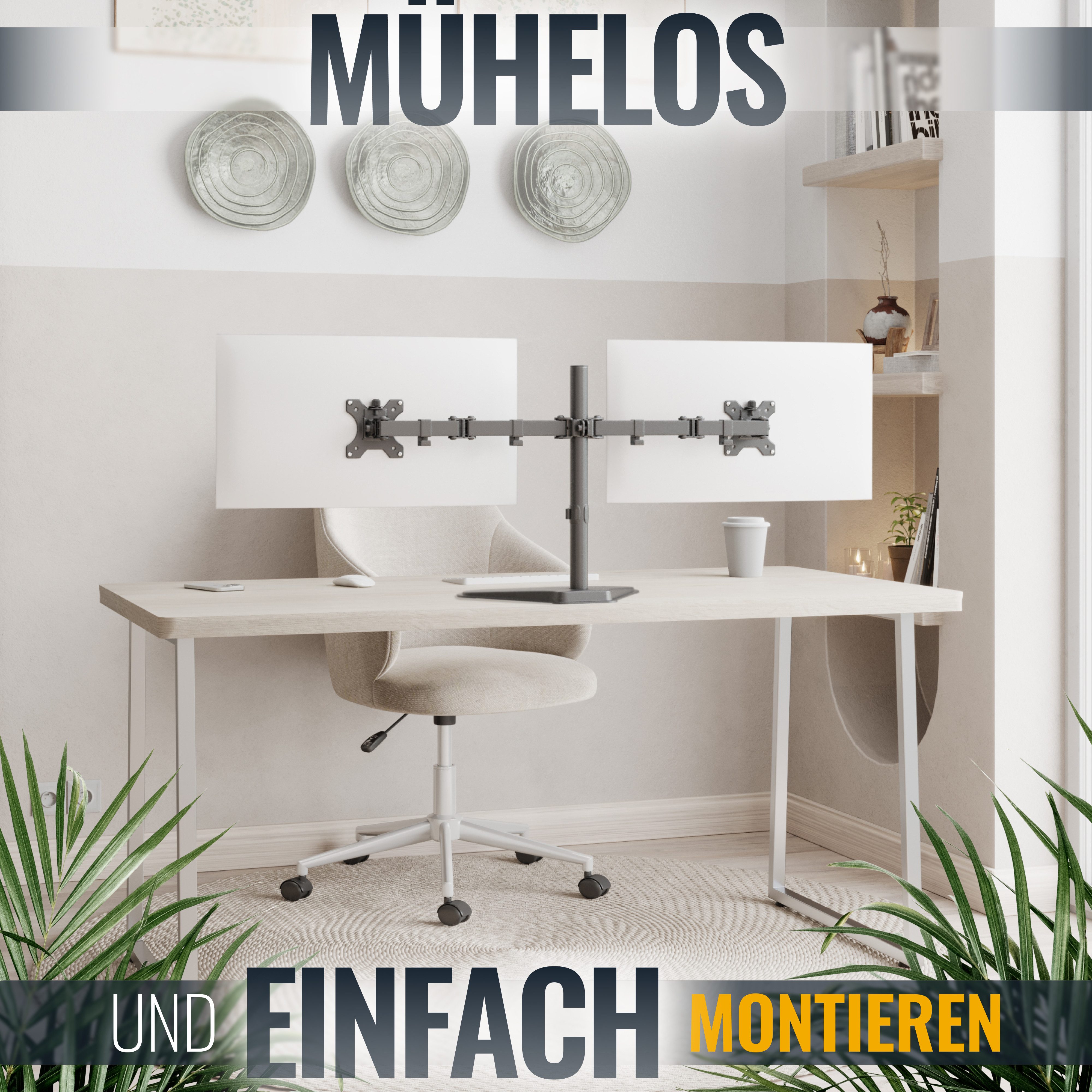 RICOO Monitor-Halterung Monitor Standfuß freistehend für 2x 13–32" Bildschirme TS7311, (bis 27 Zoll, VESA 75x75 und 100x100, 1-tlg., 8 kg Belastbarkeit pro Frontplatte, Von 33-69 cm (13"-27) Diagonale, neigbar +/-45°, schwenkbar bis 180°, drehbar 360° Dual Monitorständer)
