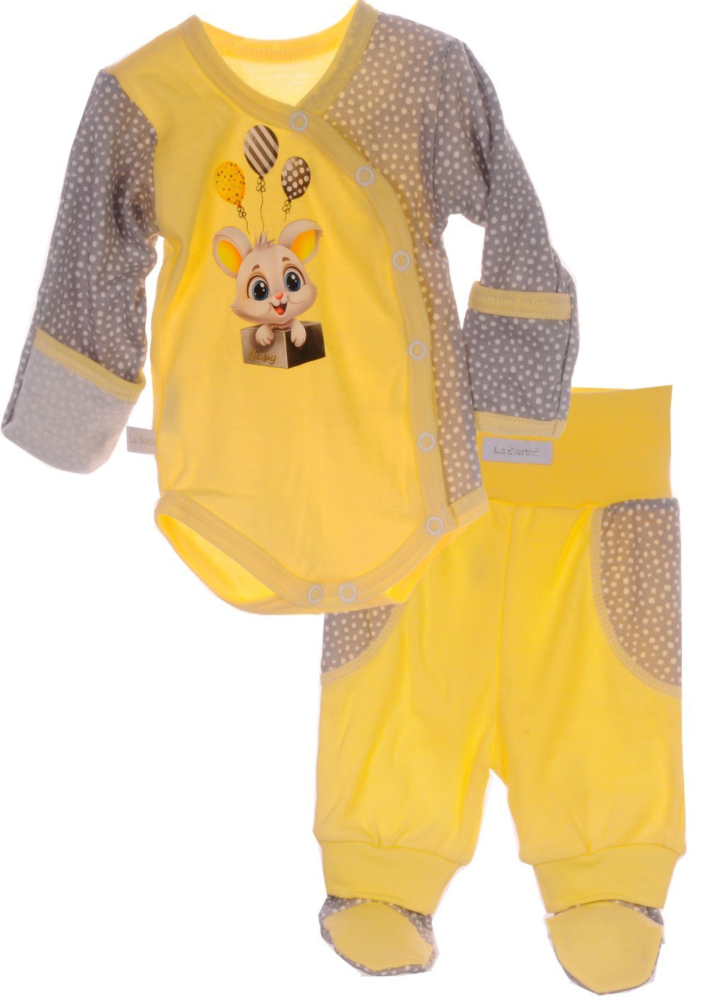 La Bortini Wickelbody Wickelbody Hose Baby Anzug 2tlg Set Body in Gelb mit Häschen aus reiner Baumwolle, 44 50 56 62 68 74 80 86