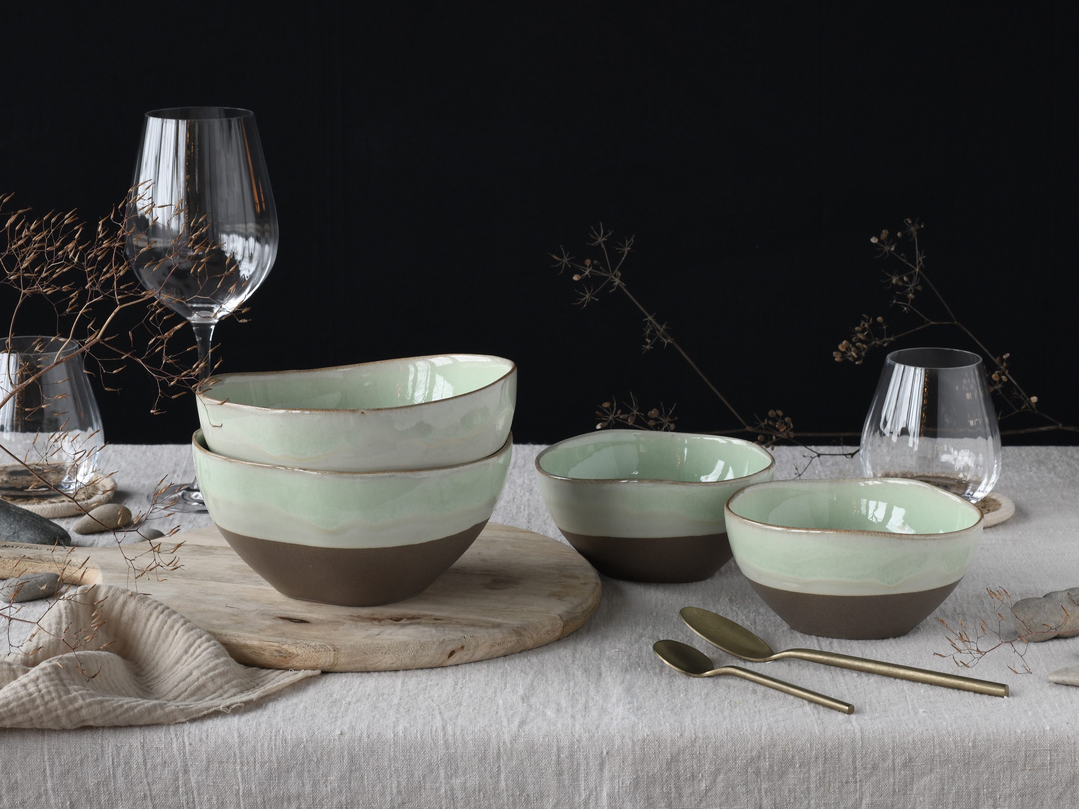 CreaTable Schale Basalt Bio, Bowl Set 4-tlg, Steinzeug, (Set, 4-tlg), Organische Form, Jedes Teil ein Unikat