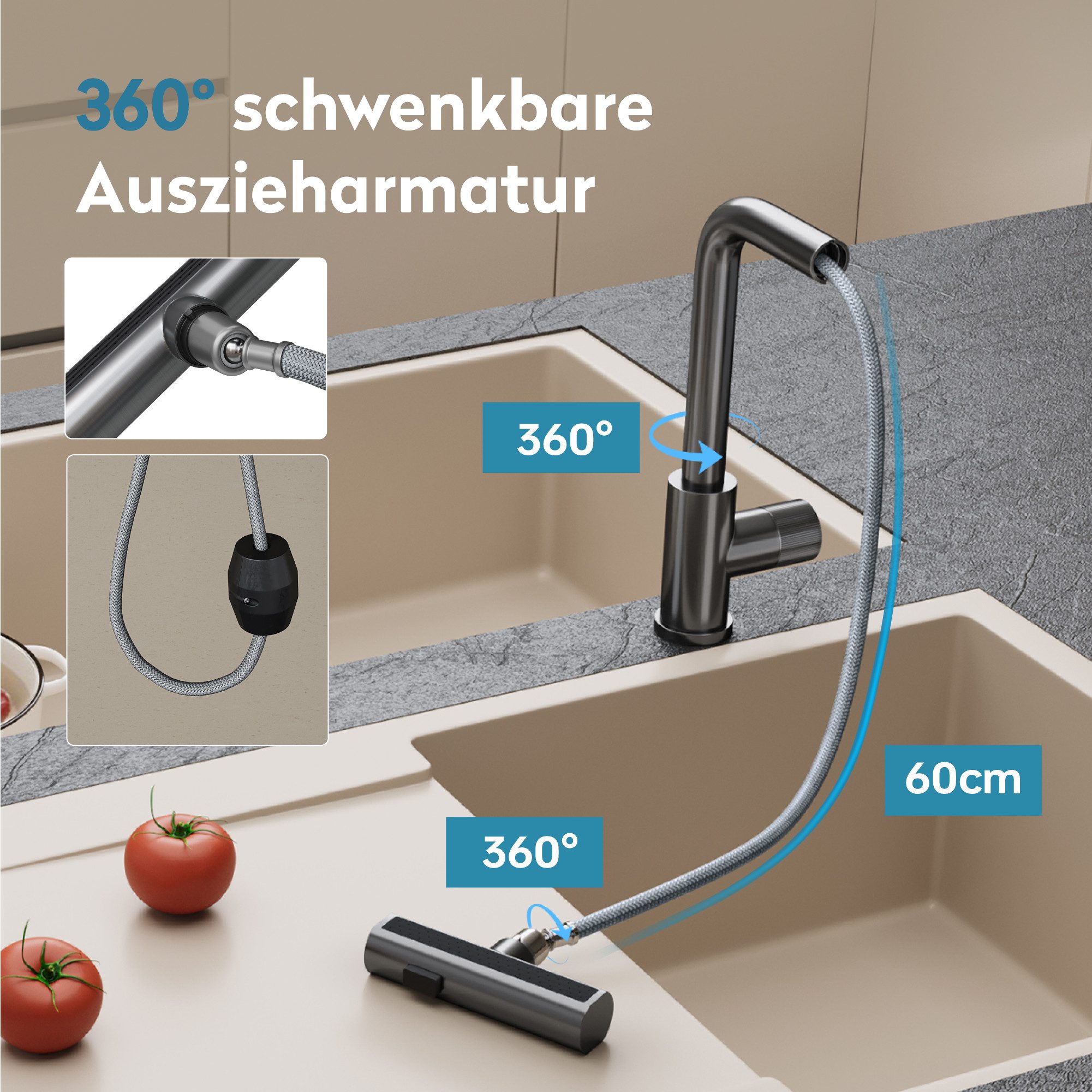doporro Küchenarmatur Spültischarmatur ausziehbar mit 3 Strahlarten aus Edelstahl Turnix-02 mit Keramikkartusche, 360° schwenkbar