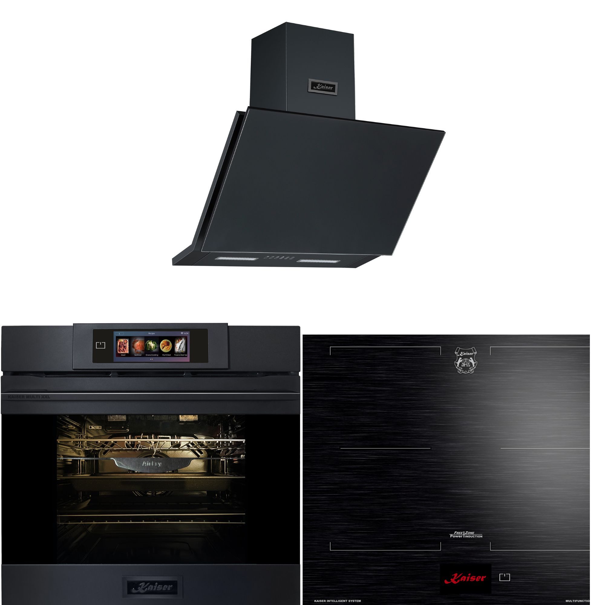 Kaiser Küchengeräte Backofen-Set Herd Set Autark Einbaubackofen XXL Multi 29, Multifunktions-Elektro-Backofen mit Pyrolise und Dampfreinigung, 60 cm+Induktionskochfeld 60 cm+Dunstabzugshaube 60cm 1250m³/h Schwarz matt EH 6347+KCT 6140 FI+AT 6455 s, mit 1-fach-Teleskopauszug