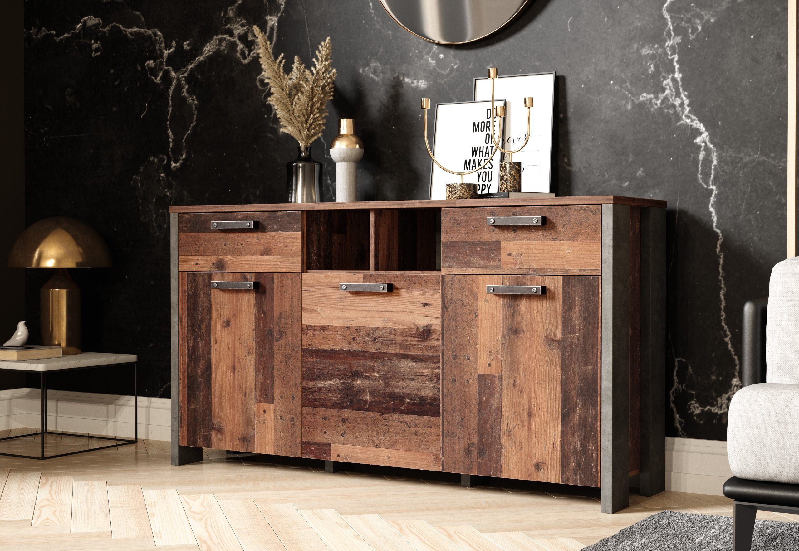 Newroom Sideboard Kane, Sideboard Old Wood Beton Optik Vintage Industrial Highboard Anrichte