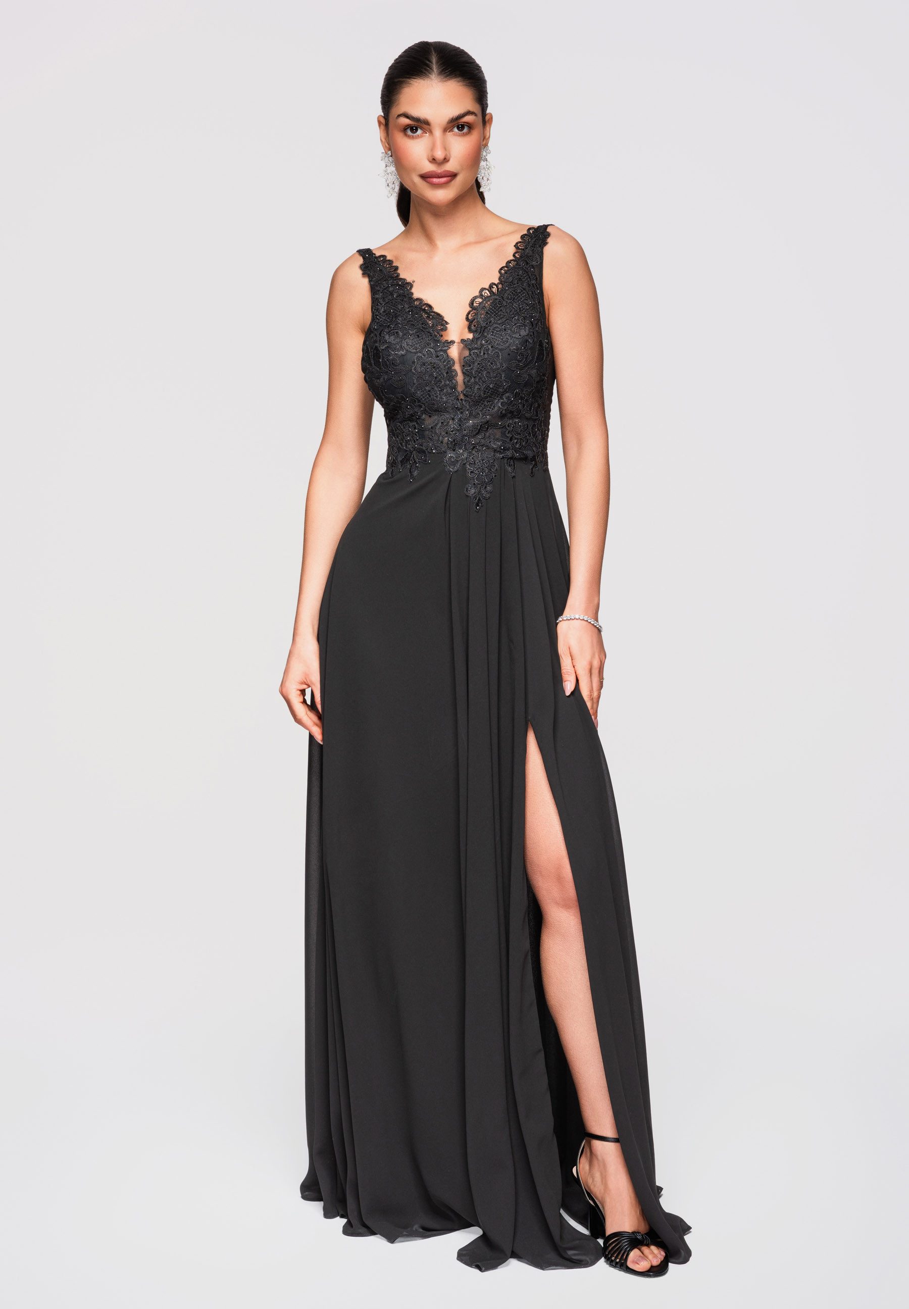 OMBRE Abendkleid Abendkleid Maxikleid Spitze Elegant Schwarz XS (kein Set, 1-tlg) Transparente Elemente, Koronkowy Saum