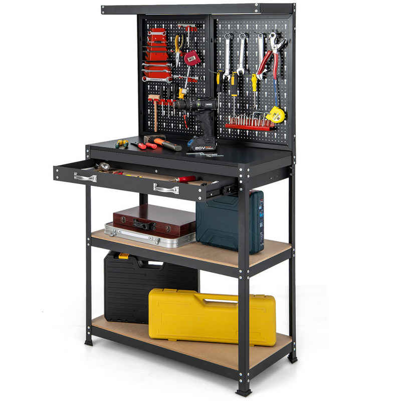 COSTWAY Arbeitstisch, mit 13 Zubehörteile, Lochwand & Schublade 81x41x155cm