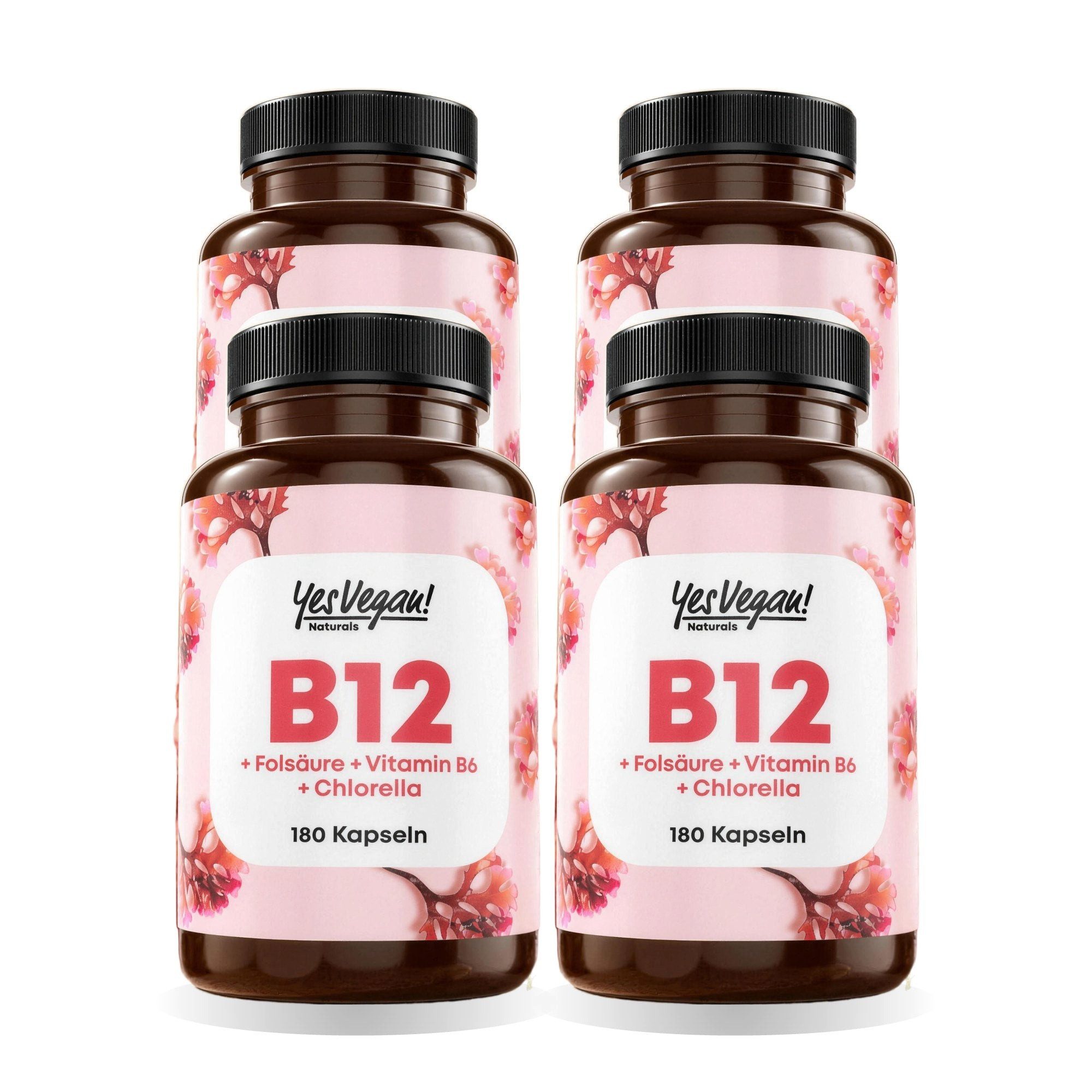 Yes Vegan Vitamin B12 hochdosiert 500 µg mit B6 + Folsäure Kapseln, 4 er Spar-Set à 180 St., 55 g, vegan, laktosefrei, glutenfrei