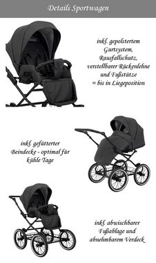 babies-on-wheels Kombi-Kinderwagen Romantik 4 in 1 mit Sportsitz, Autositz und Zubehör in 8 Farben